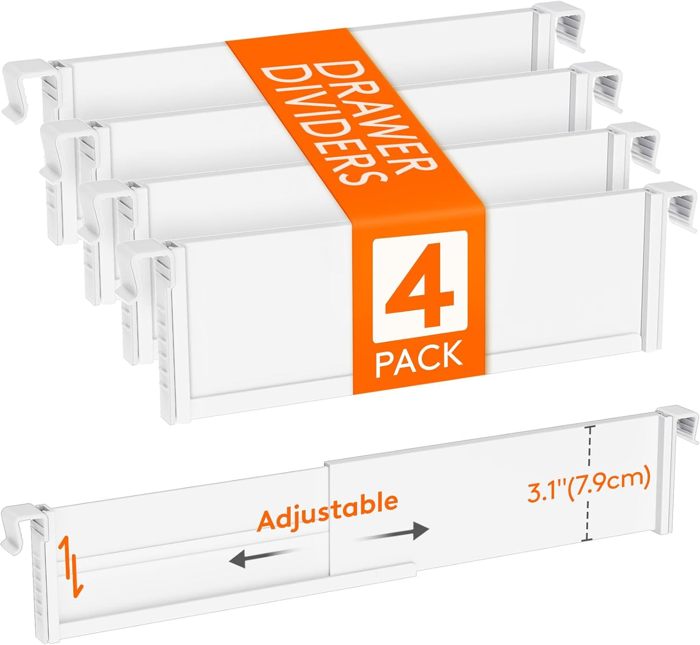 Lifewit Hanging Kitchen Drawer Dividers 3.1" High, 10-17" Adjustable Drawer Organizers for Utensils, Expandable Dresser Separators in Kitchen/Bedroom/Bathroom/Vanity/Office, White(6 Pack)
