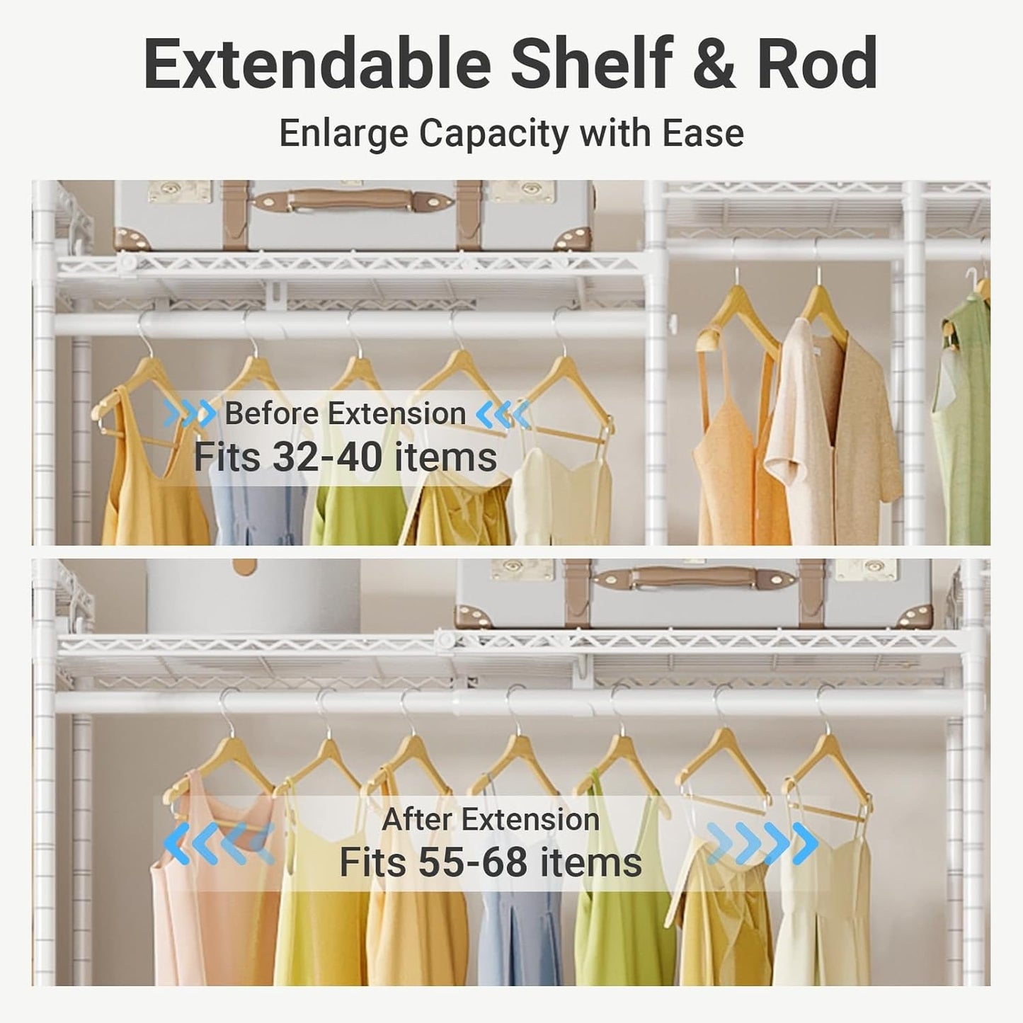 VIPEK X40 Expandable Large Reach-in Closet Rack Adjustable from 6'4" to 8'2'' with Extendable Shelves and Hanger Rods, Walk-in Clothes Rack Mental Freestanding Clothing Racks, Max Load 1240LBS, White