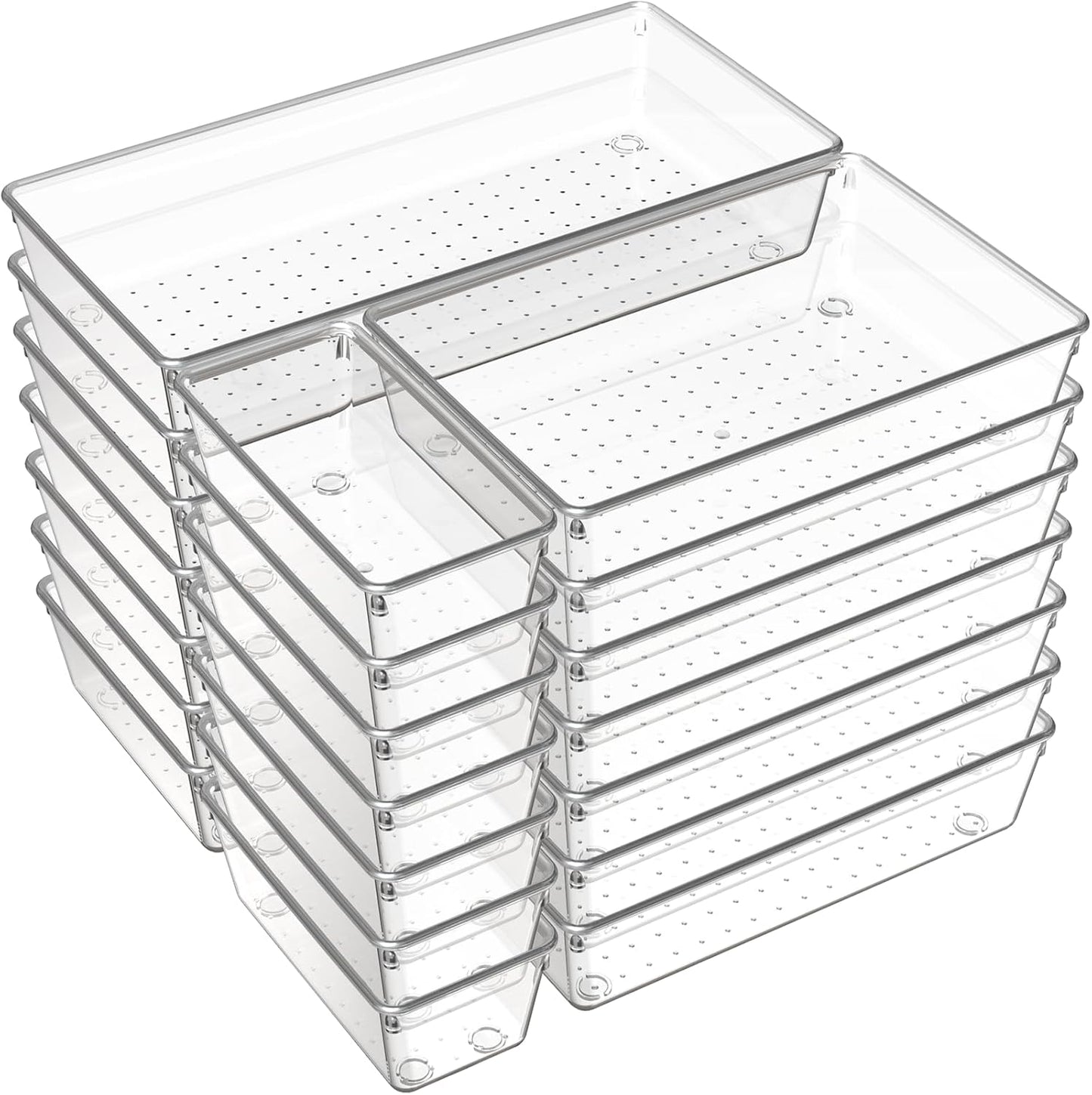 6 Pack Large Clear Plastic Drawer Organizer Trays, Acrylic Kitchen Drawer Organization and Storage Dividers, Non-Slip Storage Bins for Makeup, Kitchen Utensils, Bathroom, Jewelries and Office Desk
