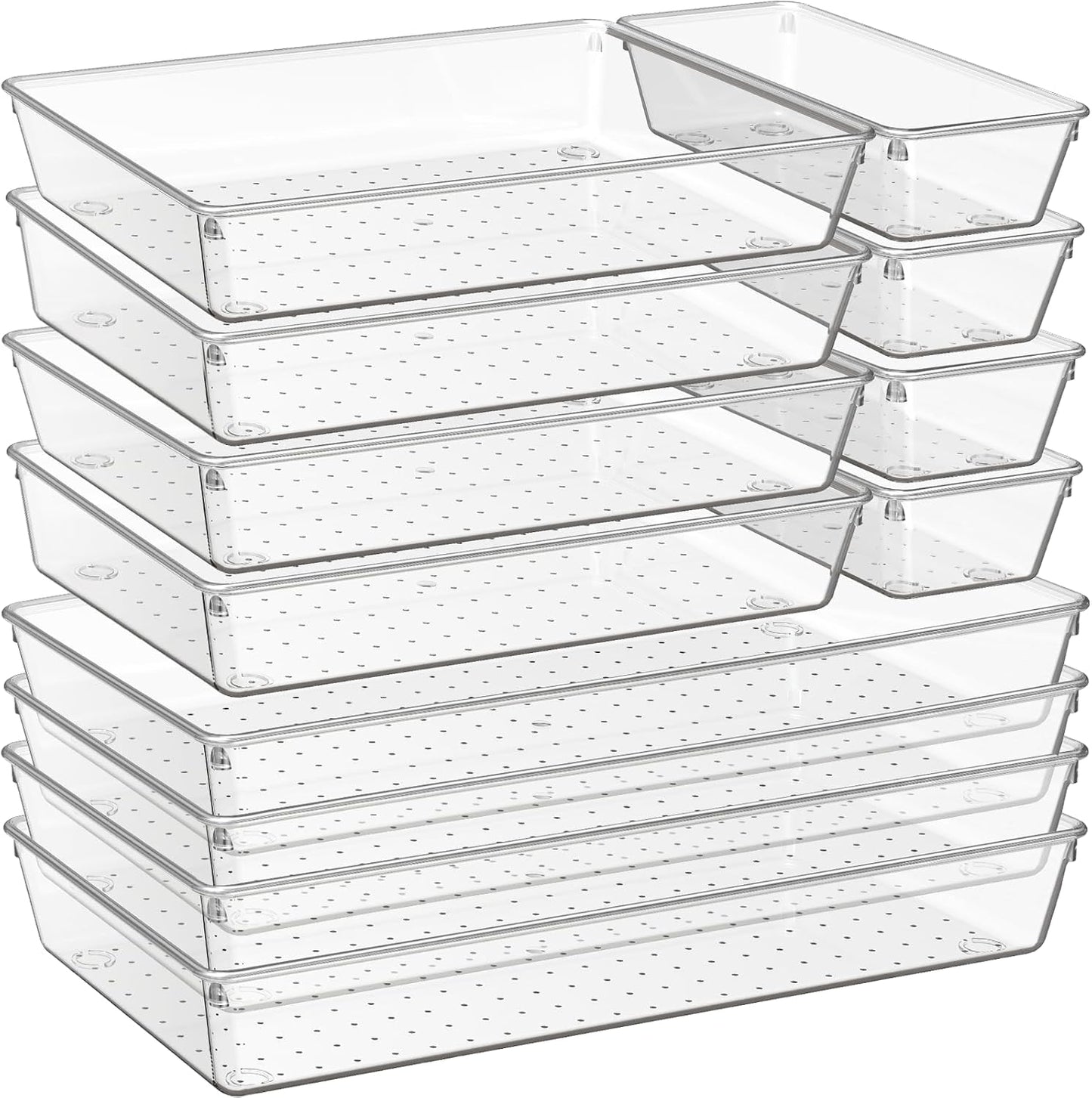 6 Pack Large Clear Plastic Drawer Organizer Trays, Acrylic Kitchen Drawer Organization and Storage Dividers, Non-Slip Storage Bins for Makeup, Kitchen Utensils, Bathroom, Jewelries and Office Desk