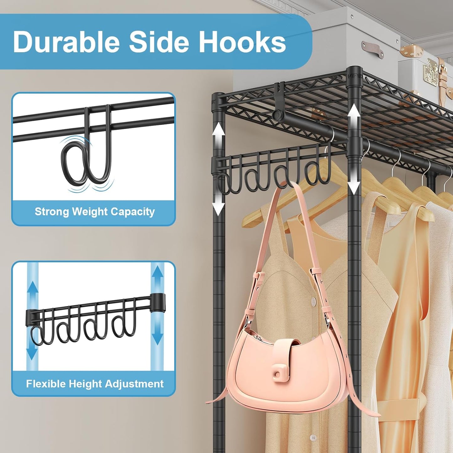 VIPEK R2C Medium Heavy Duty Clothes Rack Rolling Garment Rack with Cover Adjustable Clothing Rack for Hanging Clothes Portable Closets with Double Rods, Black Rack with Black Upgarded Polyester Cover