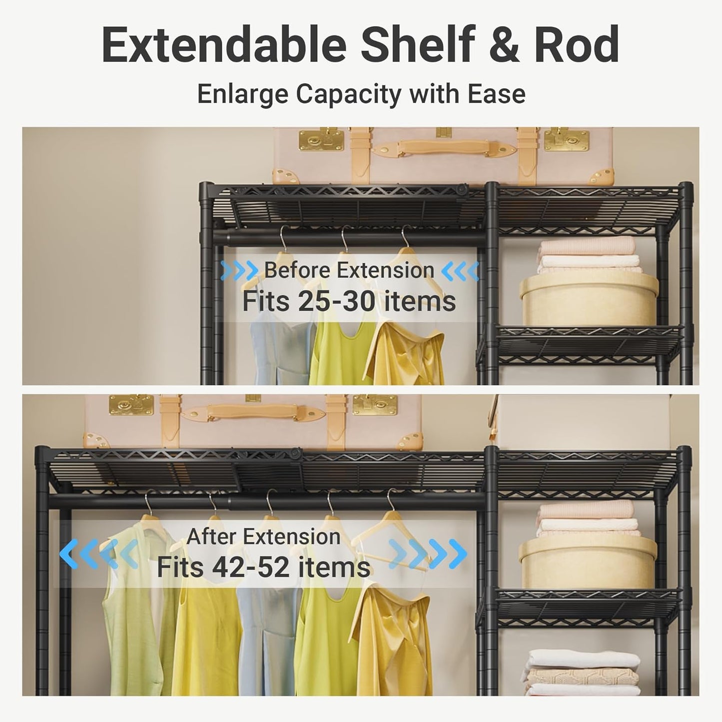 VIPEK X2 Expandable Reach-in Closet Racks Adjustable from 3'3" to 4'8" Portable Open Walk-in Closet Rack System with Flexible Shelves and Hanger Rods Clothing Rack for Hanging Clothes, Black