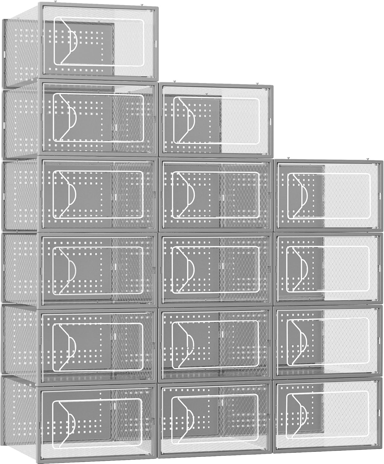 Shoe Storage Box, 15 Pack Clear Plastic Stackable Shoe Organizer for Closet, Interlocking Design Shoe Container Bins for Sneakers, Foldable Shoe Rack with Lids, Black