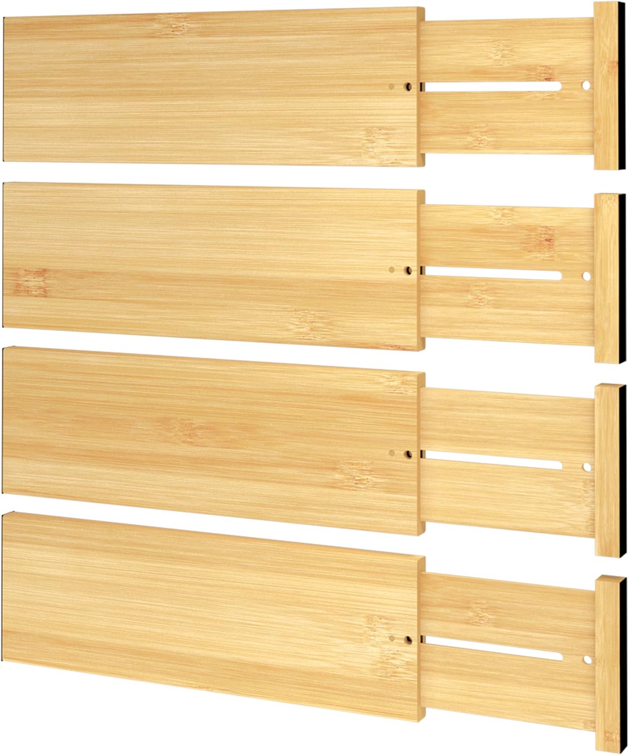 BAMEOS Drawer Dividers kitchen Organization Bamboo Utensil Organizers for Kitchen Bedroom Bathroom Dresser Office 4-pack