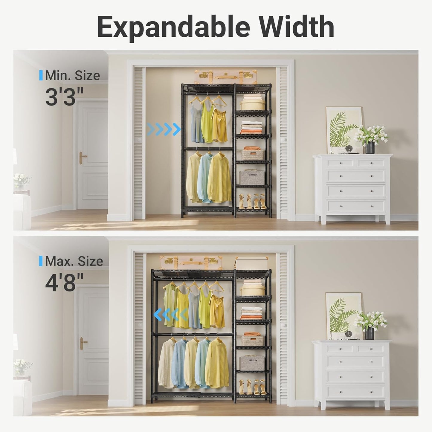 VIPEK X2 Expandable Reach-in Closet Racks Adjustable from 3'3" to 4'8" Portable Open Walk-in Closet Rack System with Flexible Shelves and Hanger Rods Clothing Rack for Hanging Clothes, Black