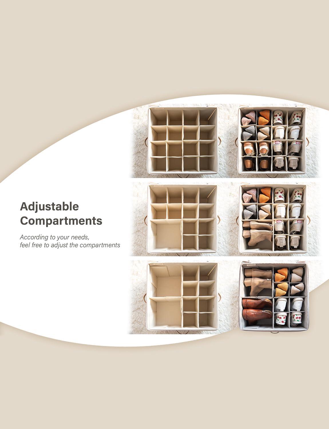 StorageWorks Shoe Organizer for Closet, Fits up to 16 Pairs, Shoe Cubby Storage Containers with Adjustable Dividers and Clear Cover, Beige