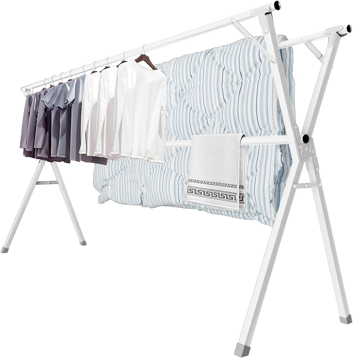 JAUREE 95 Inches Clothes Drying Rack, Drying Rack Clothing Folding Indoor Outdoor, Heavy Duty Stainless Steel Laundry Rack, Foldable Portable Large Clothes Rack Garment Rack with 20 Windproof Hooks