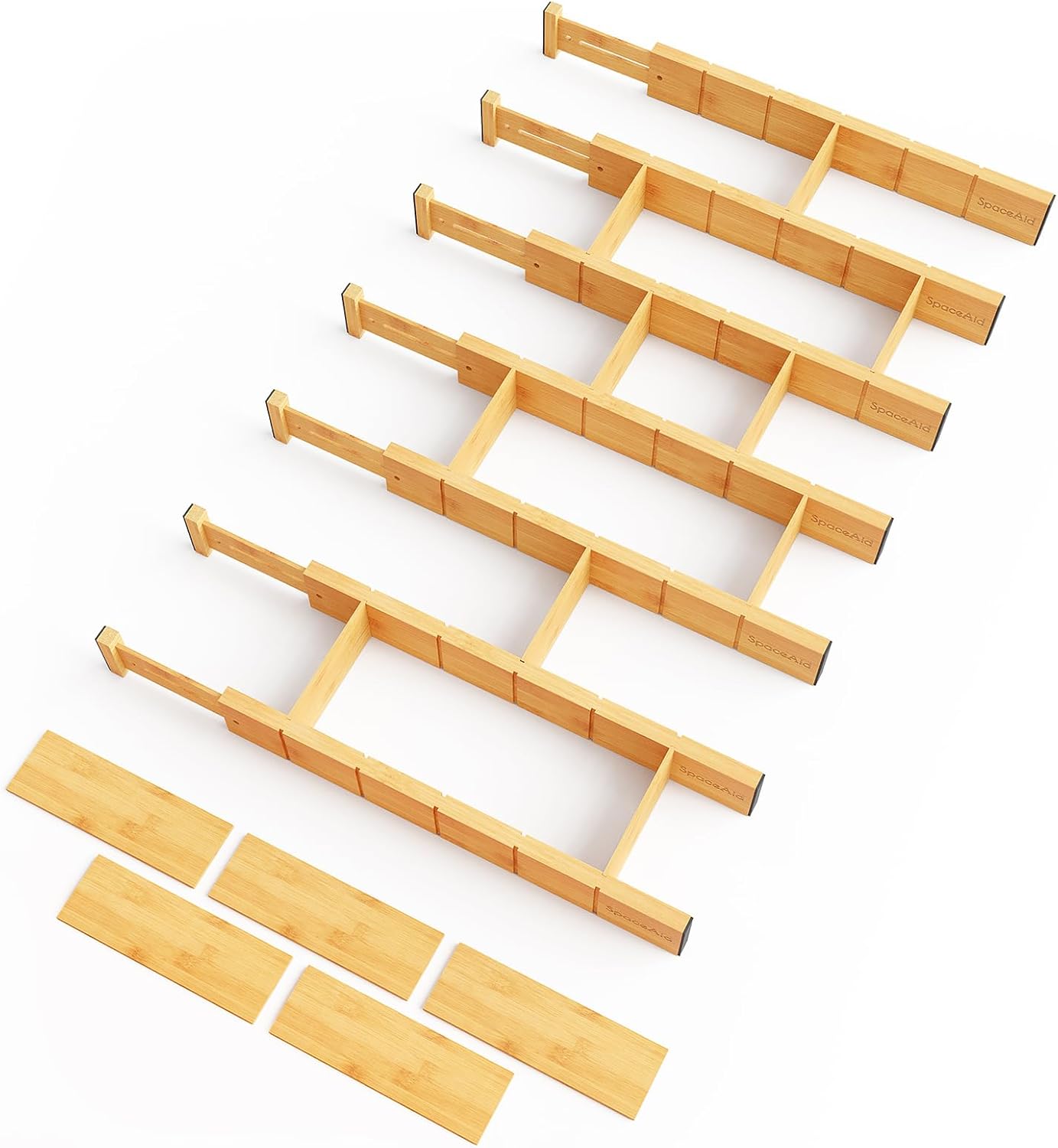 SpaceAid Bamboo Drawer Dividers with Inserts and Labels, Kitchen Adjustable Drawer Organizers, Expandable Organization for Home, Office, Dressers, 4 Dividers with 9 Inserts (17"-22" Natural)
