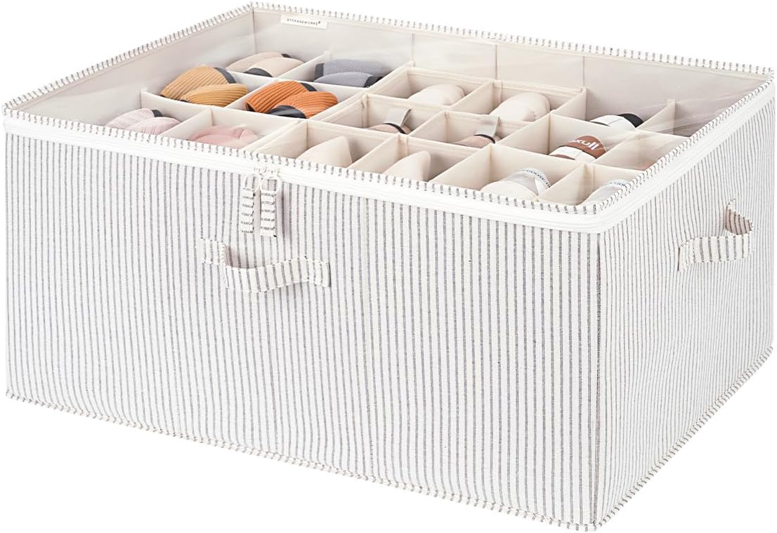 StorageWorks Shoe Organizer for Closet, Fits up to 16 Pairs, Shoe Cubby Storage Containers with Adjustable Dividers and Clear Cover, Beige