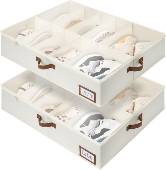 StorageWorks Under Bed Shoe Storage for Closet, 2-Pack Ultra-thick Fabric Shoe Organizer, Collapsible Shoes Containers with Bottom Support, Fits up to 32 Pairs, Beige