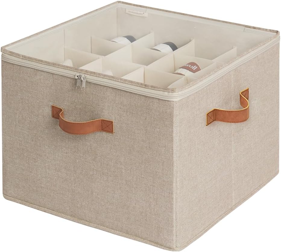 StorageWorks Shoe Organizer for Closet, Fits up to 16 Pairs, Shoe Cubby Storage Containers with Adjustable Dividers and Clear Cover, Beige