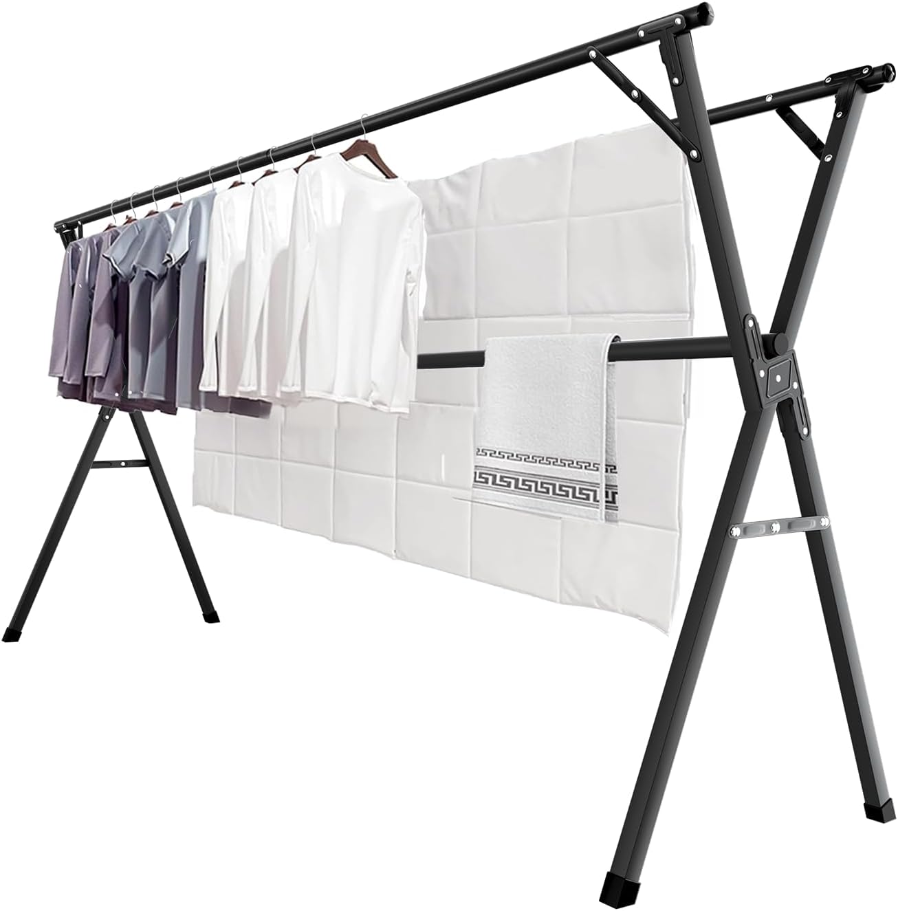 JAUREE 95 Inches Clothes Drying Rack, Drying Rack Clothing Folding Indoor Outdoor, Heavy Duty Stainless Steel Laundry Rack, Foldable Portable Large Clothes Rack Garment Rack with 20 Windproof Hooks