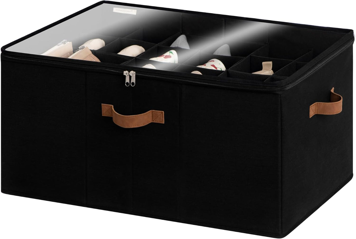 StorageWorks Shoe Organizer for Closet, Fits up to 16 Pairs, Shoe Cubby Storage Containers with Adjustable Dividers and Clear Cover, Beige