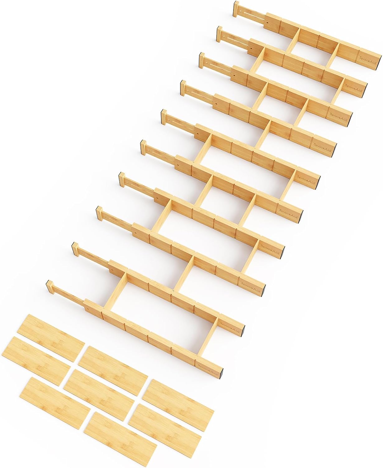 SpaceAid Bamboo Drawer Dividers with Inserts and Labels, Kitchen Adjustable Drawer Organizers, Expandable Organization for Home, Office, Dressers, 4 Dividers with 9 Inserts (17"-22" Natural)