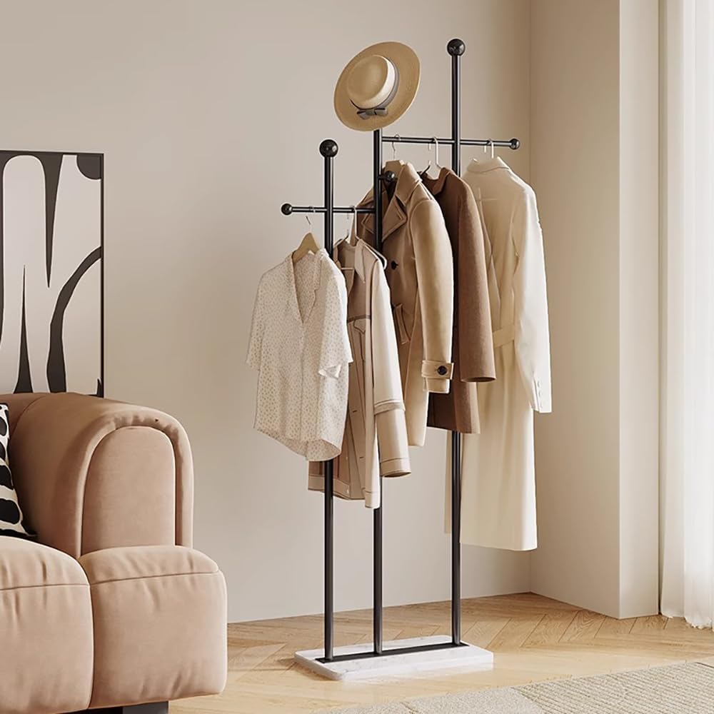 Standing Coat Rack with Marble Base Heavy Duty Clothes Hanger Rack Metal Coat Tree for Clothes Hats Scarfs Purses 19.69 x 11.02 x 68.9 Inches (Gold)