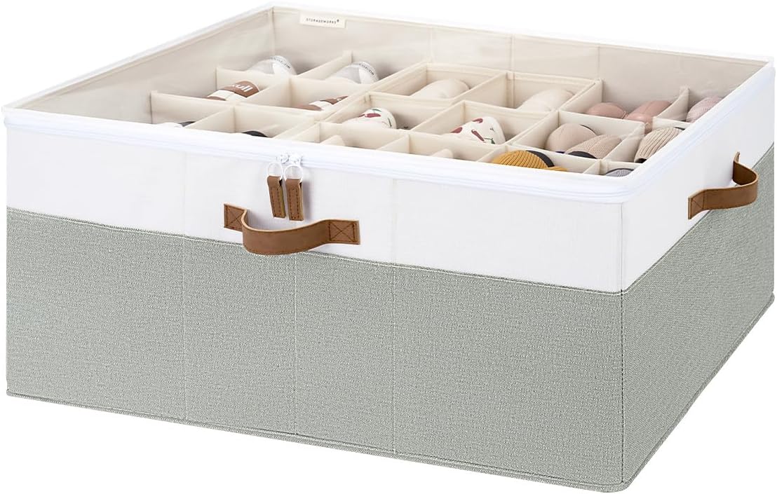 StorageWorks Shoe Organizer for Closet, Fits up to 16 Pairs, Shoe Cubby Storage Containers with Adjustable Dividers and Clear Cover, Beige
