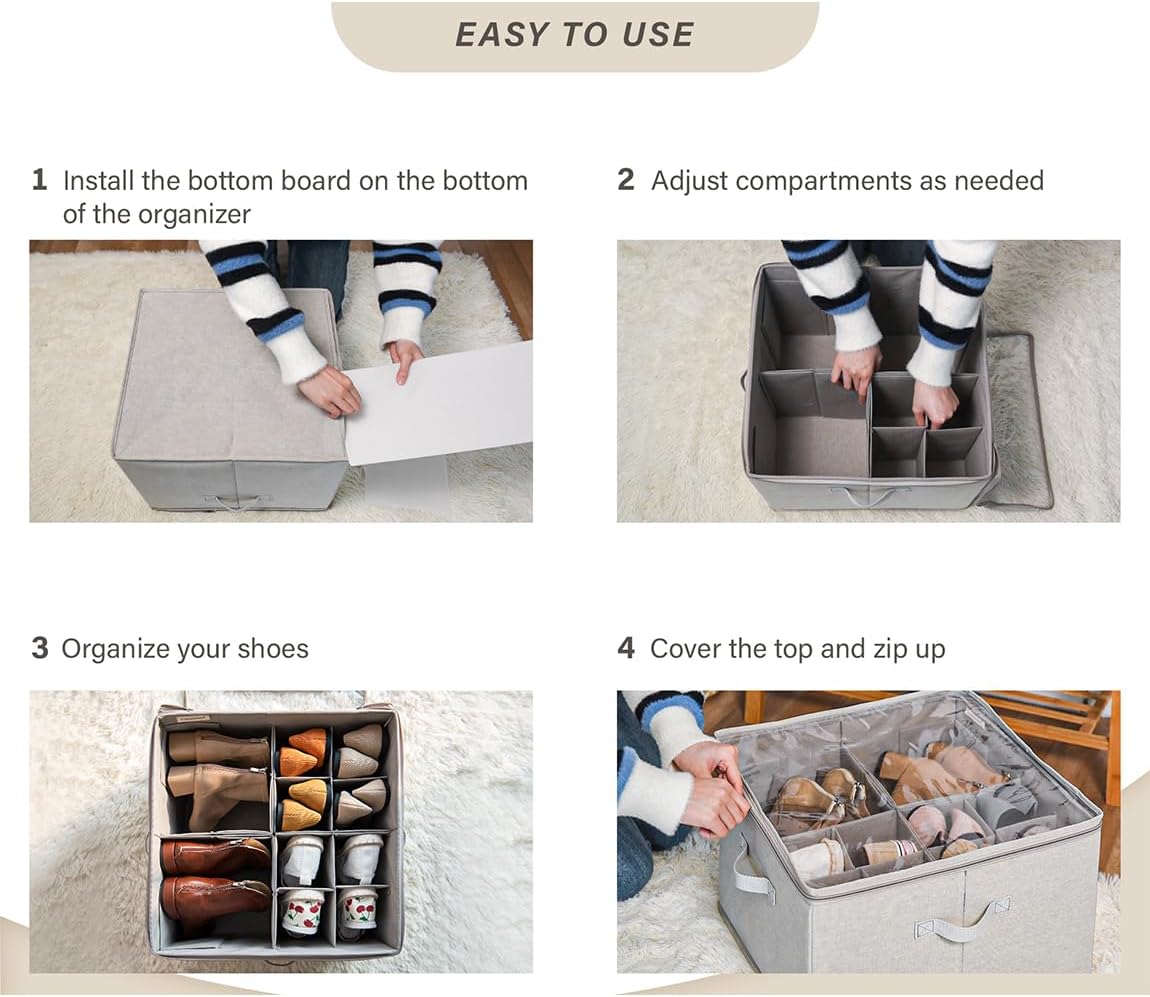 StorageWorks Shoe Organizer for Closet, Fits up to 16 Pairs, Shoe Cubby Storage Containers with Adjustable Dividers and Clear Cover, Beige