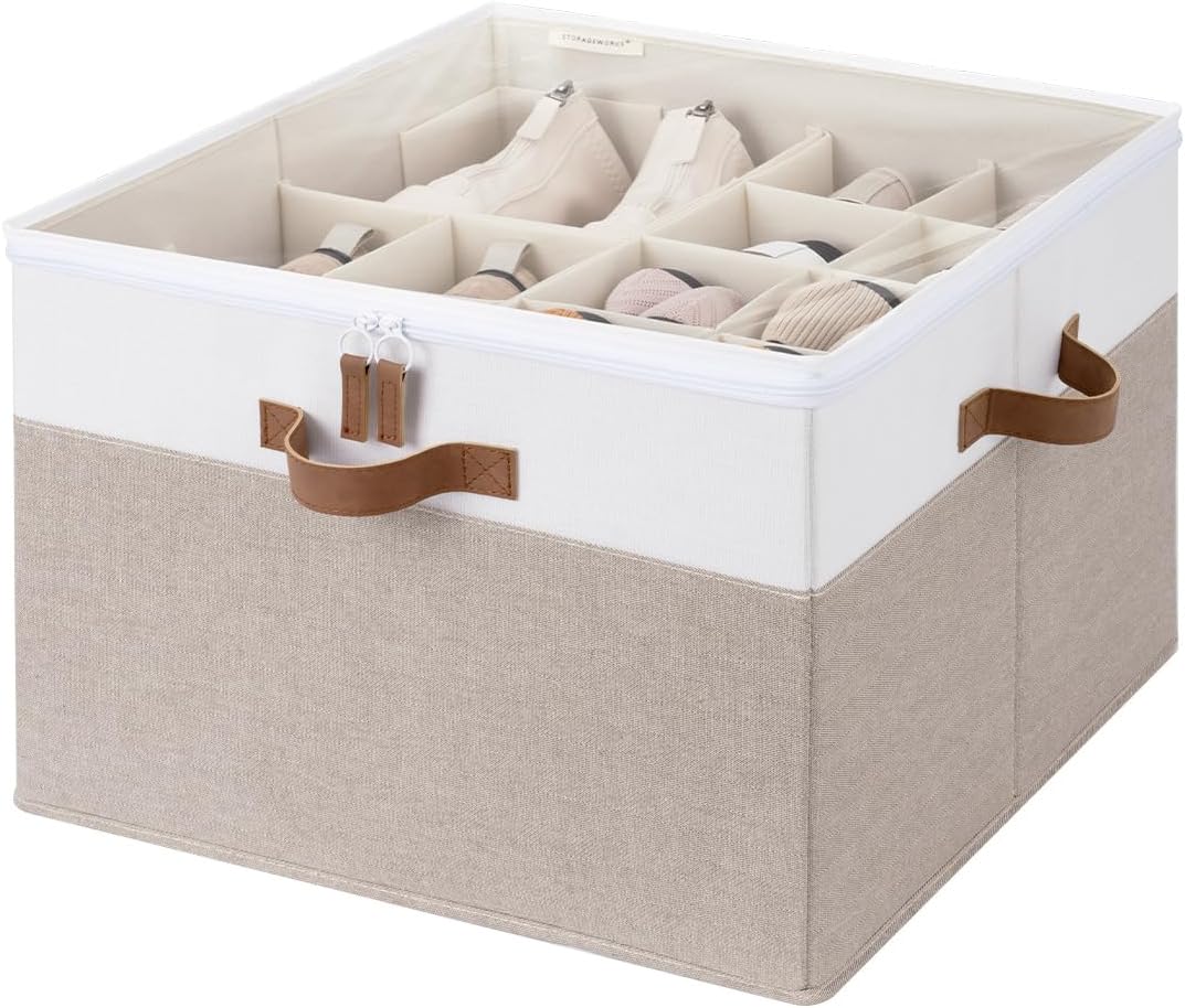 StorageWorks Shoe Organizer for Closet, Fits up to 16 Pairs, Shoe Cubby Storage Containers with Adjustable Dividers and Clear Cover, Beige