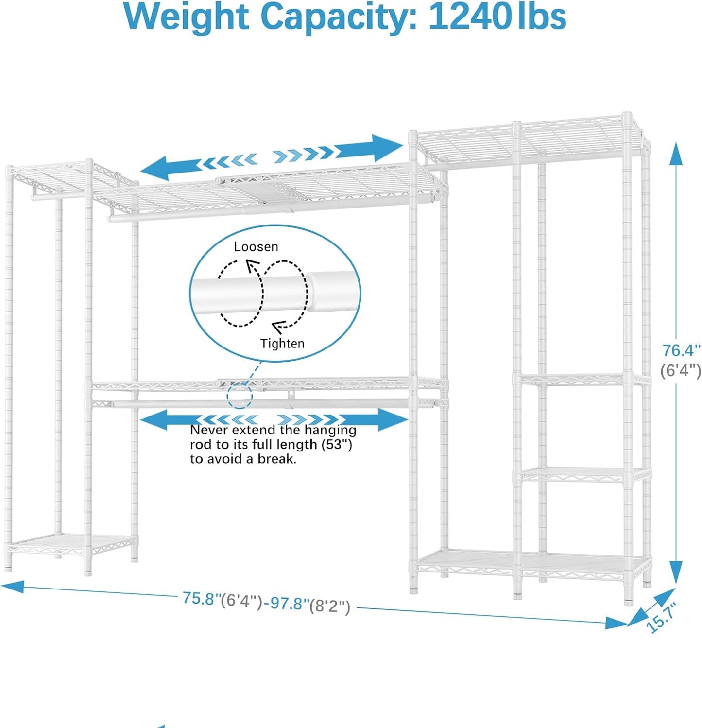 VIPEK X40 Expandable Large Reach-in Closet Rack Adjustable from 6'4" to 8'2'' with Extendable Shelves and Hanger Rods, Walk-in Clothes Rack Mental Freestanding Clothing Racks, Max Load 1240LBS, White