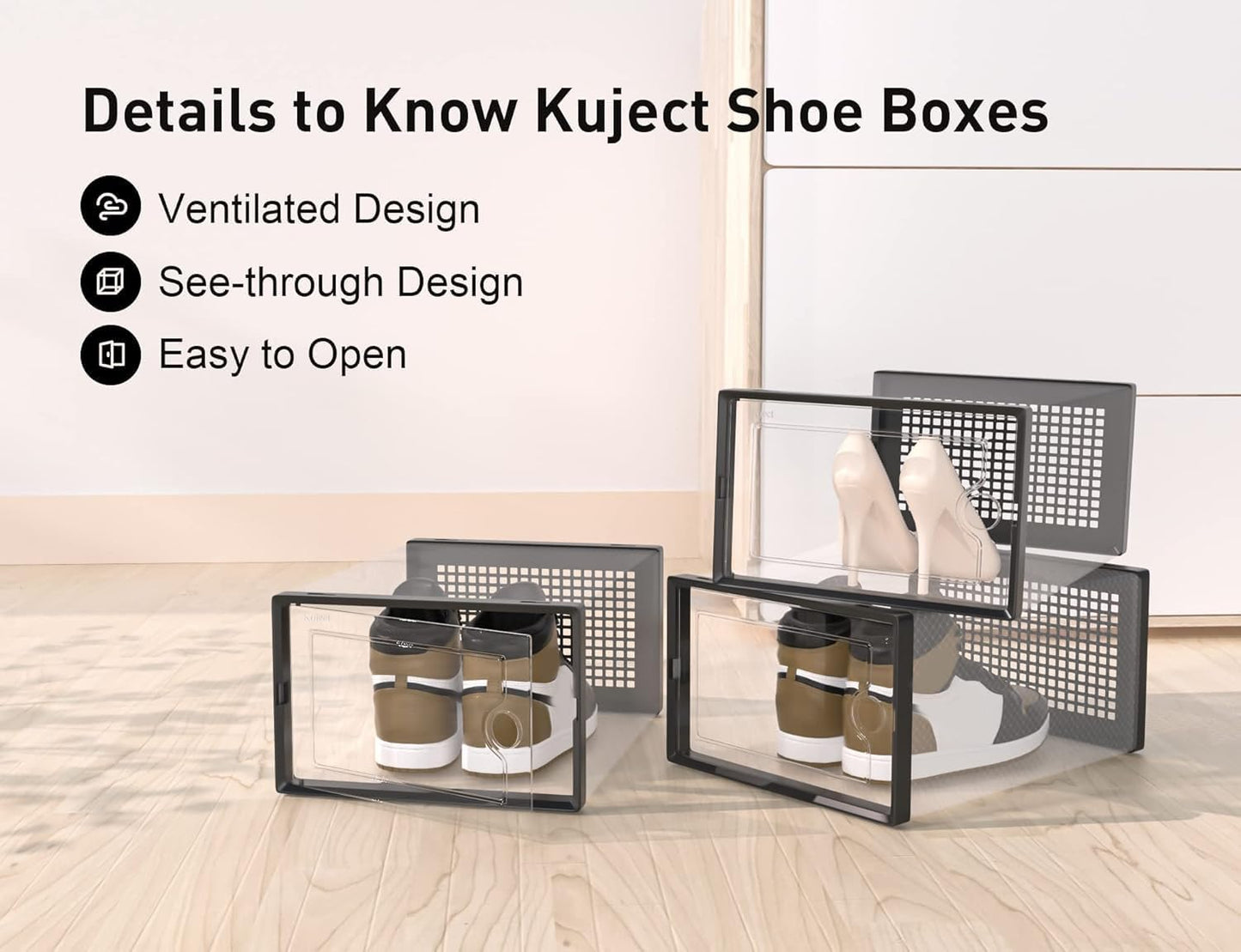 Kuject X-Large Shoe Storage Boxes Organizers Clear Plastic Stackable 12 Pack, Shoe Rack & Holder Substitute, Sneaker Containers, Toy Storage Organizer Bins for Entryway, Closet, Under Bed, Black