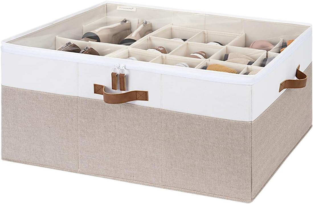 StorageWorks Shoe Organizer for Closet, Fits up to 16 Pairs, Shoe Cubby Storage Containers with Adjustable Dividers and Clear Cover, Beige
