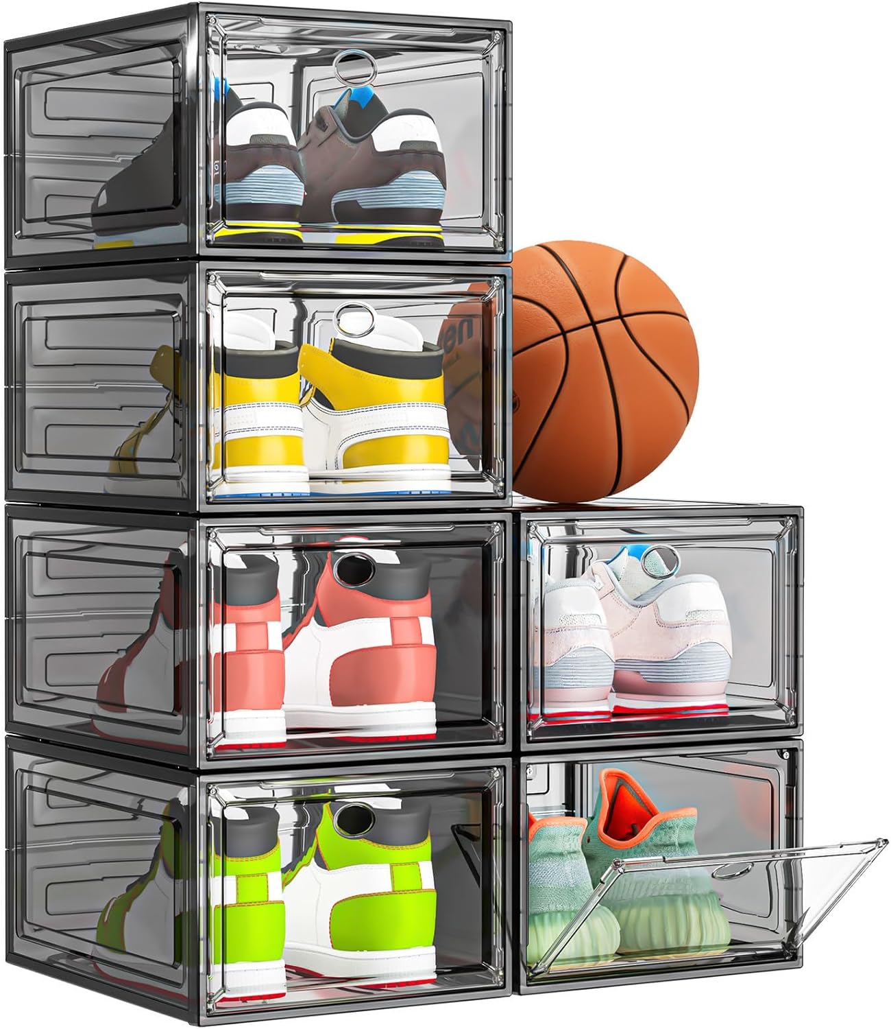 Thicken & Sturdy Clear Shoe Storage Organizer with Magnetic Door, Stackable Boxes for Closet, Foldable Space-Saving Shoe Rack for Sneaker Boot Container, Plastic Shoe Cabinet Shoe Box 6 Pack, White
