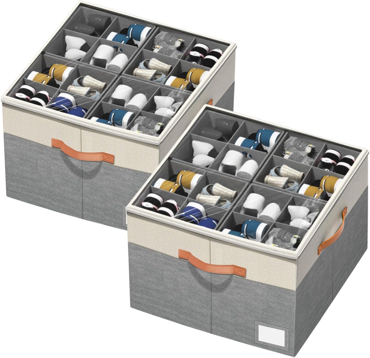 Aokeyee Shoe Organizer for Closet, 2 Pack Foldable Shoe Storage Organizer Box Bin with Adjustable Dividers and Clear Cover, Fits up to 16-32 Pairs (Beige)