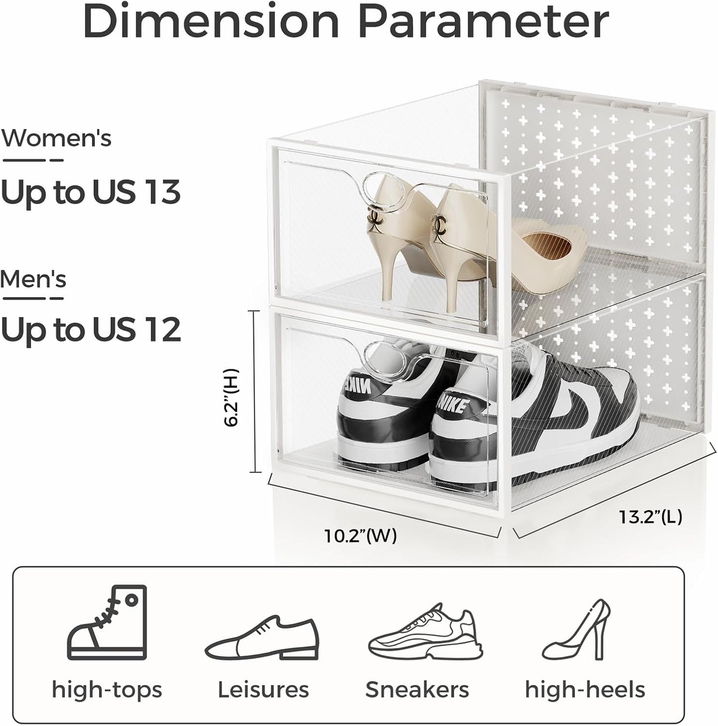 Pinkpum 15 Pack X-Large Shoe Storage Boxes Fit Size 12, Shoe Organizer for Closet Clear Plastic Stackable Shoe Dispaly Case Holder Bins, Sneaker Storage for Sneakerheads White