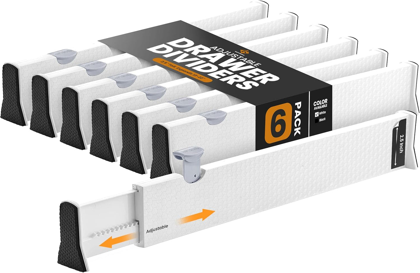 RAPTUROUS Adjustable Deep Drawer Divider – 5" Tall, Expandable 13-22", 5-Pack, Non-Slip Drawer Dividers for Clothes, Dresser, Kitchen & Office Organization (White)