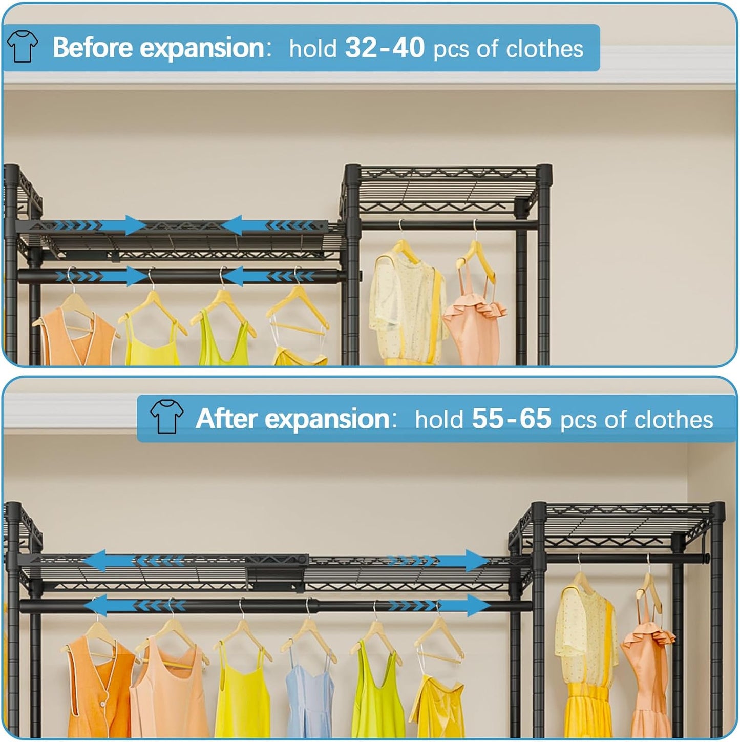 VIPEK X30 Expandable Clothes Rack Adjustable from 5'1" to 6'11", 950lbs Capacity Heavy Duty Portable Closet with 4 Hanger Rods & 7 Wire Shelves, Metal Wardrobe System for Reach-in Closet, Black