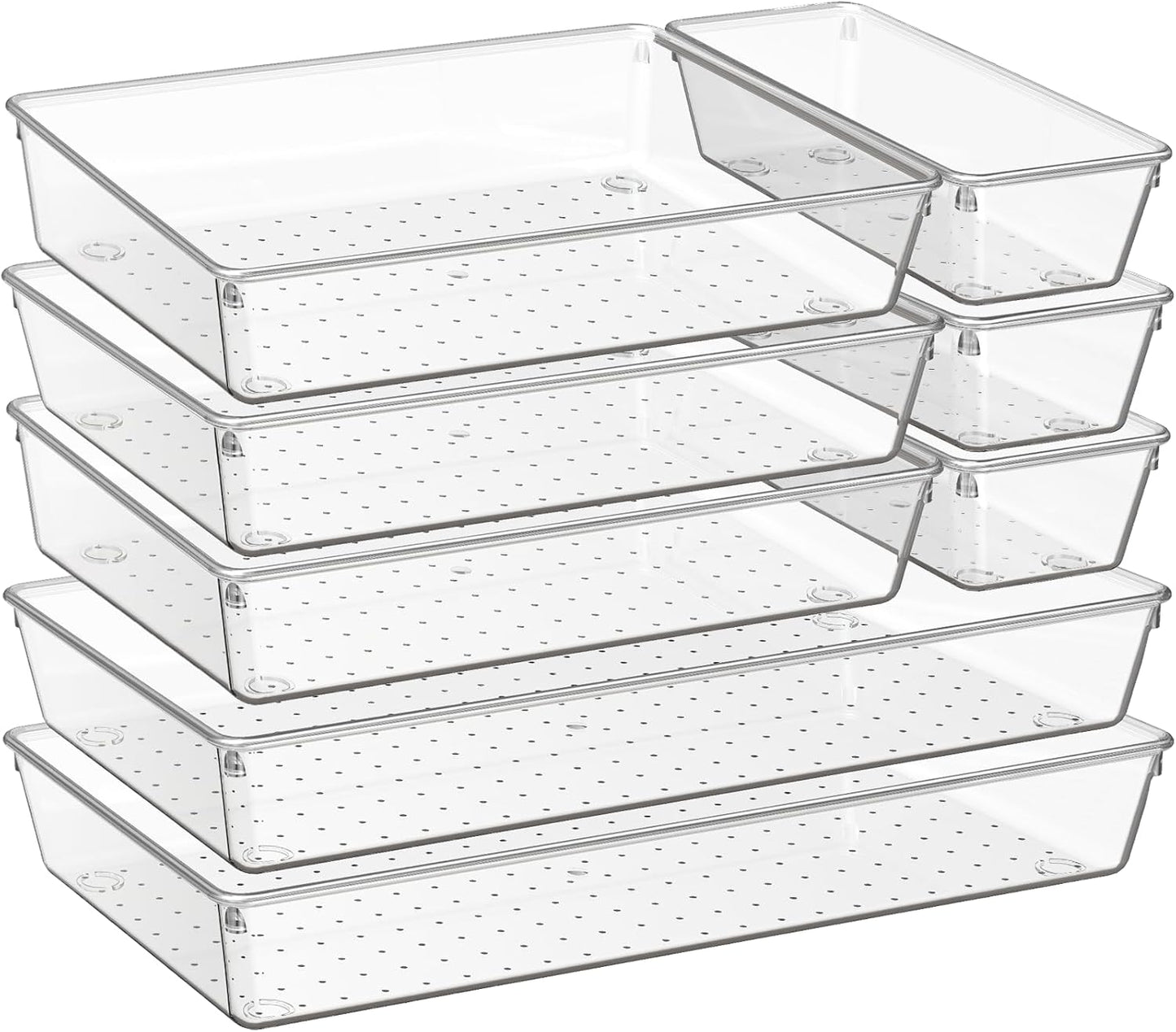 6 Pack Large Clear Plastic Drawer Organizer Trays, Acrylic Kitchen Drawer Organization and Storage Dividers, Non-Slip Storage Bins for Makeup, Kitchen Utensils, Bathroom, Jewelries and Office Desk