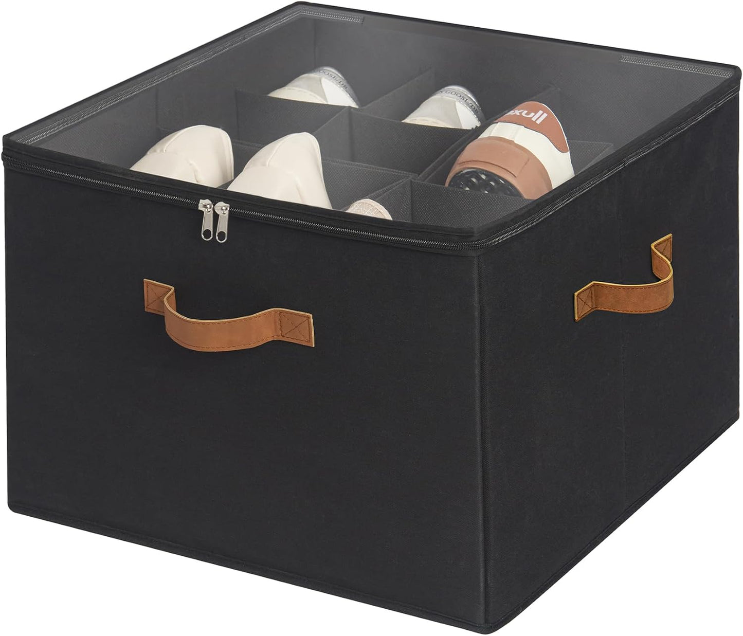 StorageWorks Shoe Organizer for Closet, Fits up to 16 Pairs, Shoe Cubby Storage Containers with Adjustable Dividers and Clear Cover, Beige