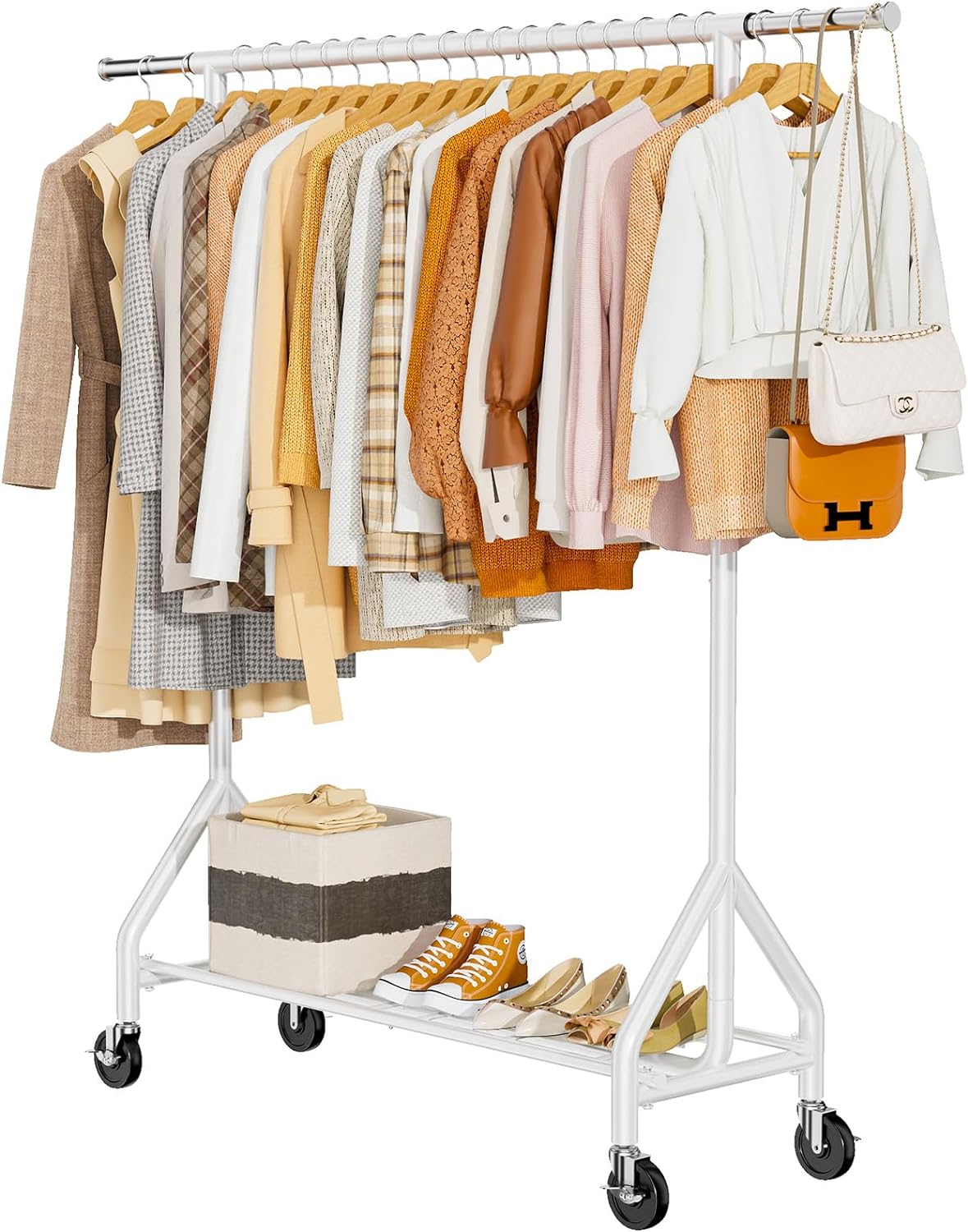 Heavy Duty Clothes Rack Load 450 LBS, Metal Garment Rack, Standing Rolling Clothing Rack for Hanging Clothes with Sturdy Wheels & Shelves, Portable Closet Wardrobe Rack,Sliver