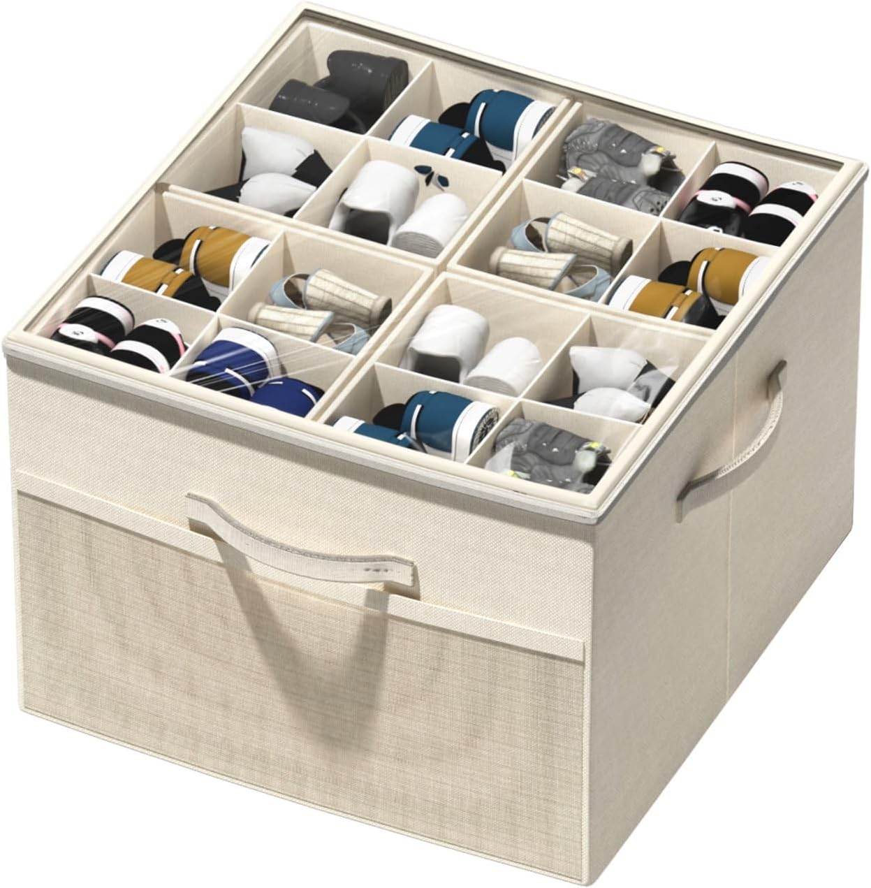 Aokeyee Shoe Organizer for Closet, 2 Pack Foldable Shoe Storage Organizer Box Bin with Adjustable Dividers and Clear Cover, Fits up to 16-32 Pairs (Beige)