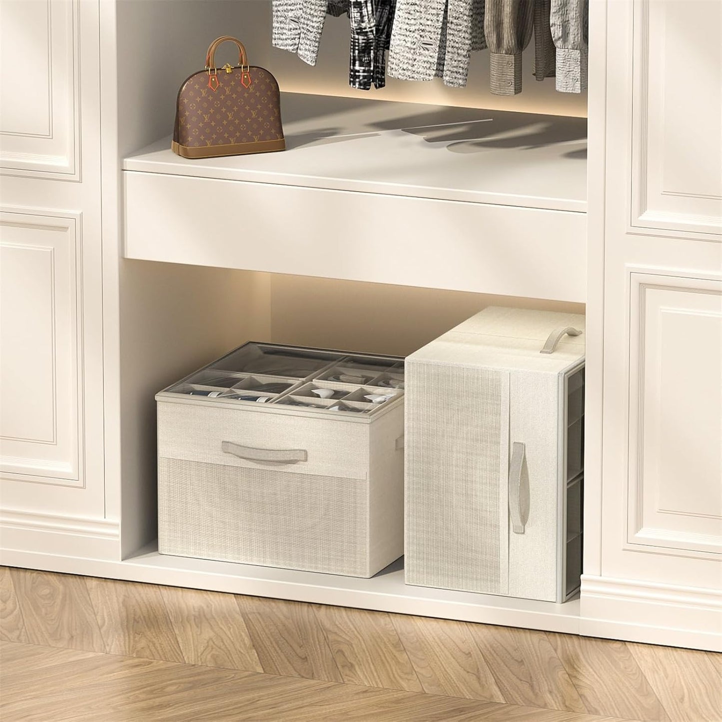 Aokeyee Shoe Organizer for Closet, 2 Pack Foldable Shoe Storage Organizer Box Bin with Adjustable Dividers and Clear Cover, Fits up to 16-32 Pairs (Beige)
