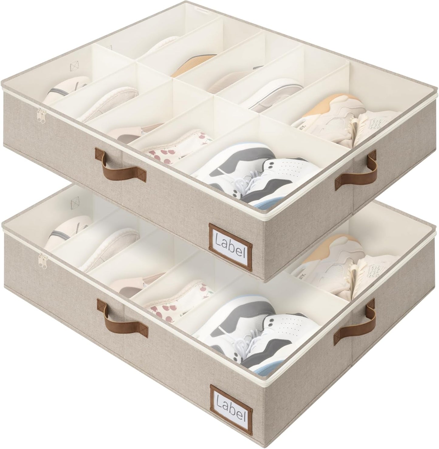 StorageWorks Under Bed Shoe Storage for Closet, 2-Pack Ultra-thick Fabric Shoe Organizer, Collapsible Shoes Containers with Bottom Support, Fits up to 32 Pairs, Beige