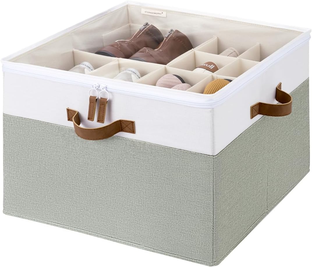 StorageWorks Shoe Organizer for Closet, Fits up to 16 Pairs, Shoe Cubby Storage Containers with Adjustable Dividers and Clear Cover, Beige