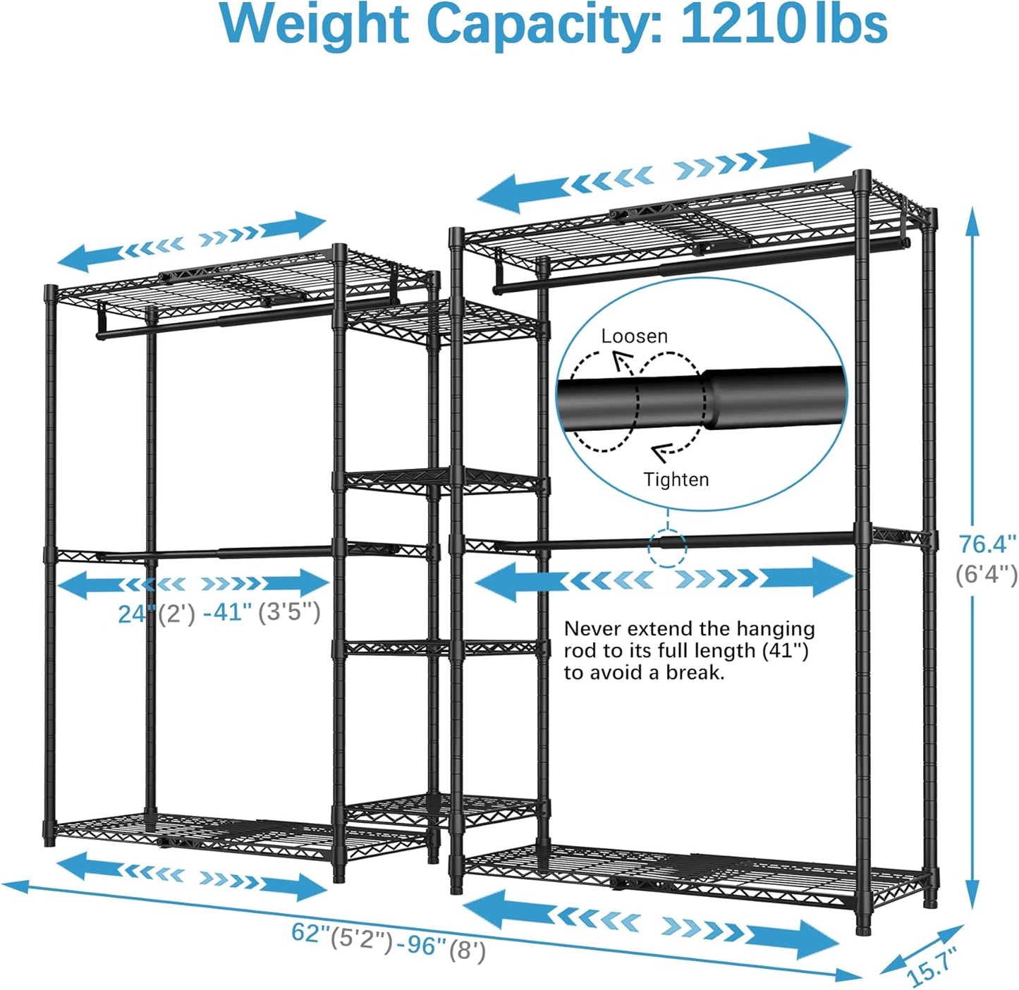 VIPEK X3 Expandable Heavy Duty Clothes Rack Adjustable from 5'2" to 8' with Adjustable Shelves and Hanger Rods, Large Freestanding Clothing Racks Reach-in & Walk-in Closet, Max Load 1210LBS, Black