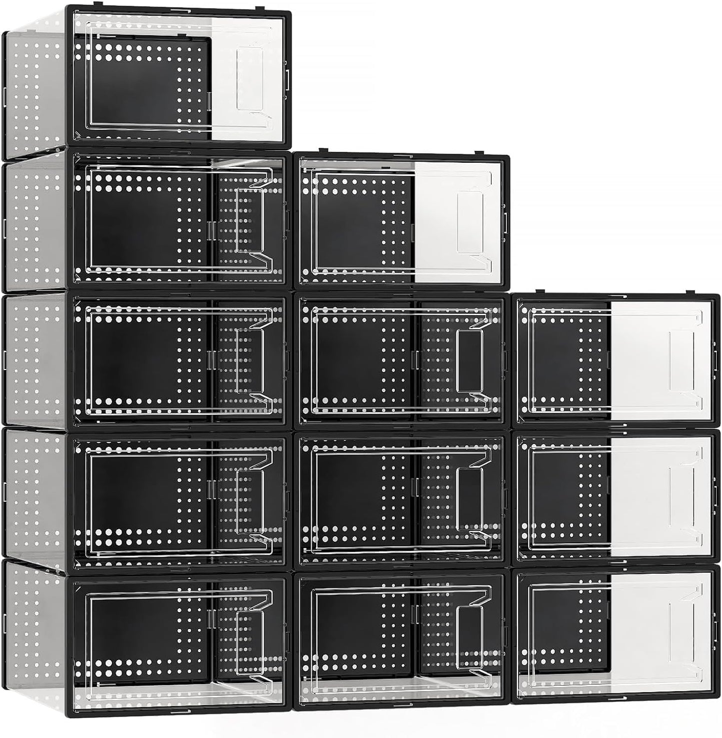 Secret Space 12 Pack X Large Shoe Organizer Storage Boxes for Closet, Modular Space Saving Shoe Boxes Clear Plastic Stackable Sneaker Containers Display Case with Lids, White