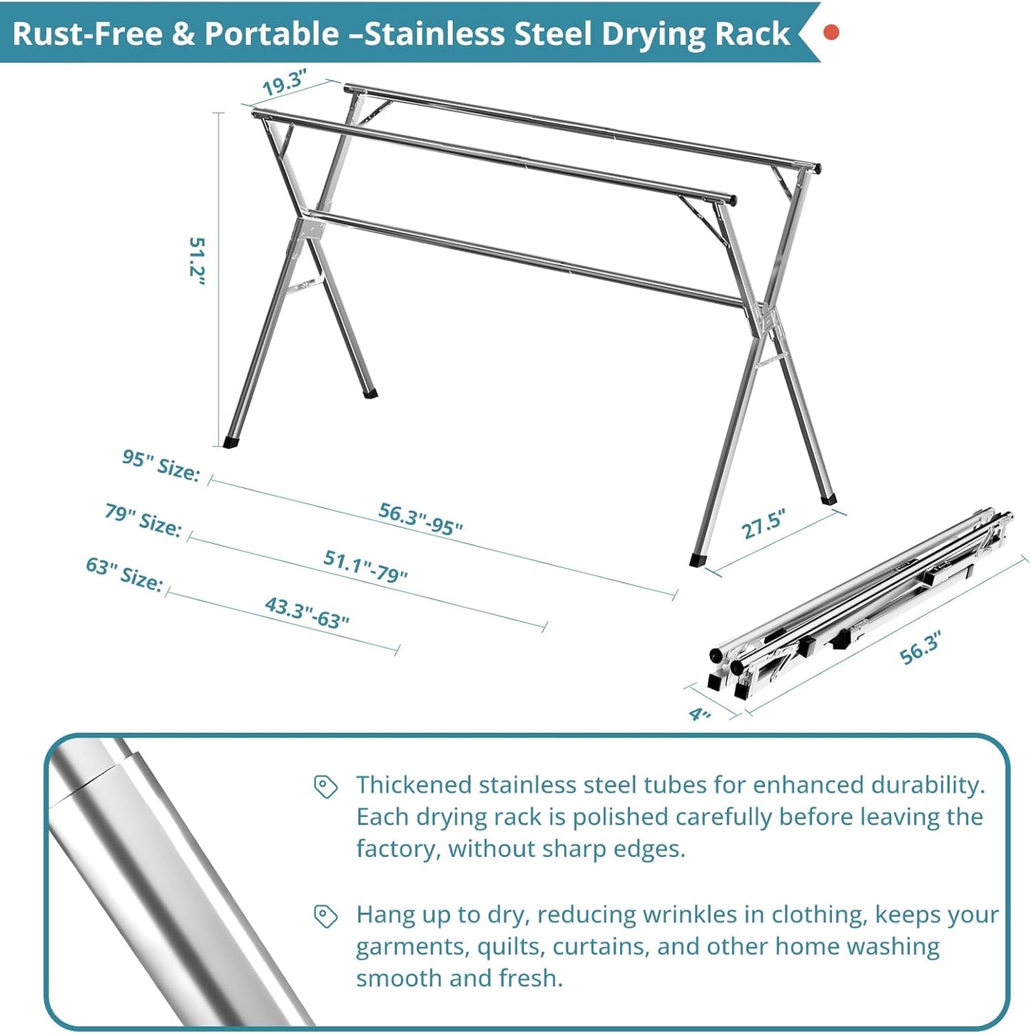 JAUREE 95 Inches Clothes Drying Rack, Drying Rack Clothing Folding Indoor Outdoor, Heavy Duty Stainless Steel Laundry Rack, Foldable Portable Large Clothes Rack Garment Rack with 20 Windproof Hooks
