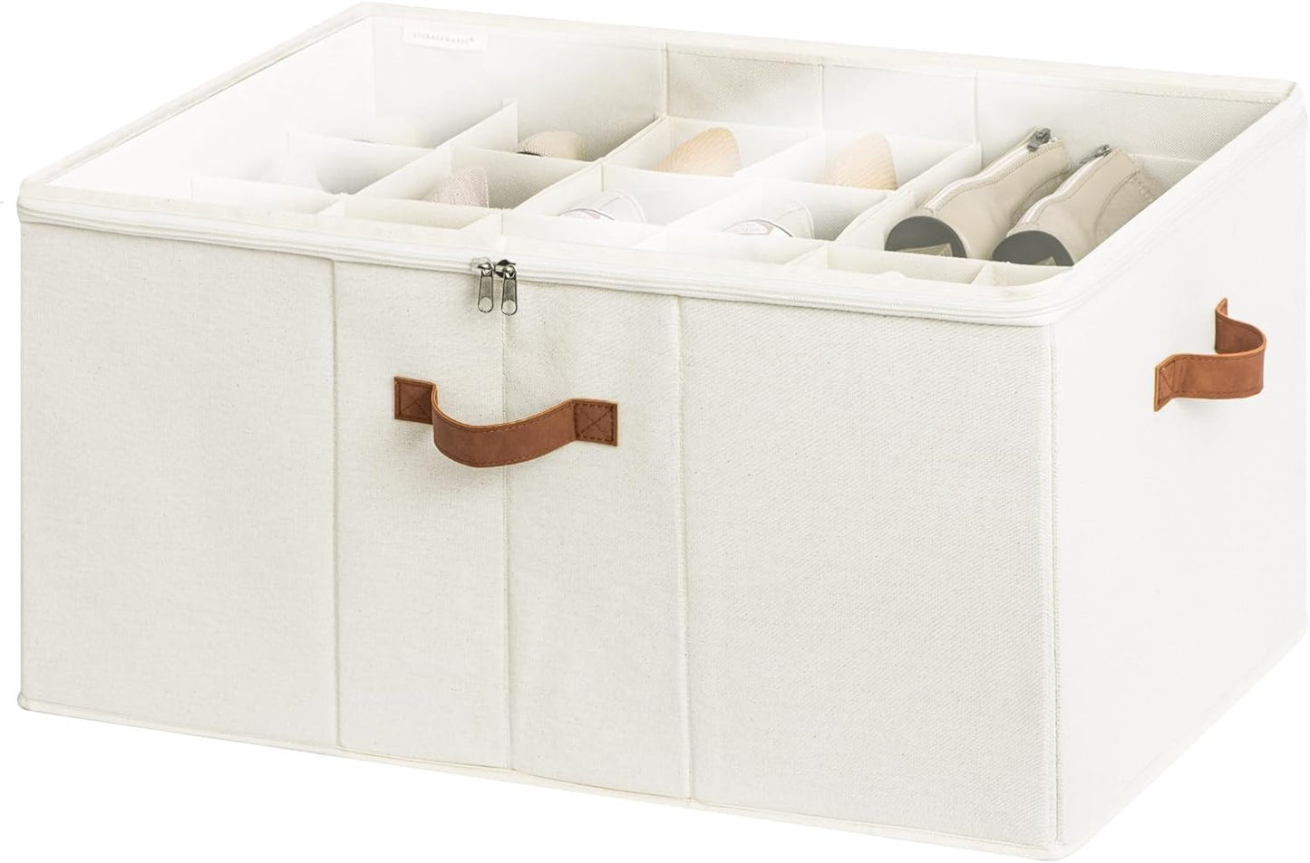 StorageWorks Shoe Organizer for Closet, Fits up to 16 Pairs, Shoe Cubby Storage Containers with Adjustable Dividers and Clear Cover, Beige
