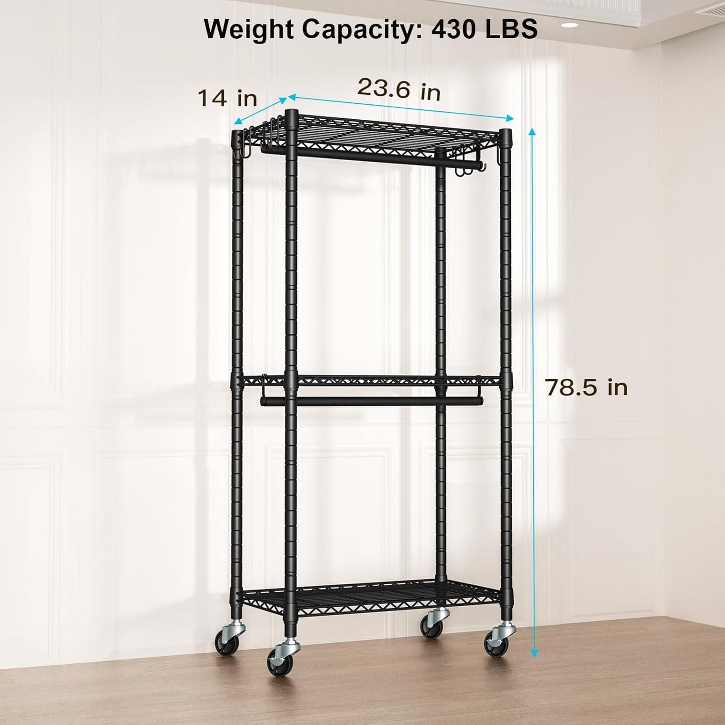 P3 Mini Rolling Clothes Rack, Clothing Racks for Hanging Clothes, Heavy Duty Garment Rack with Wheels, Freestanding Portable Closet Rack 23.6'' W x 14'' D x 78.5'' H, Max Load 430 Lbs, Black