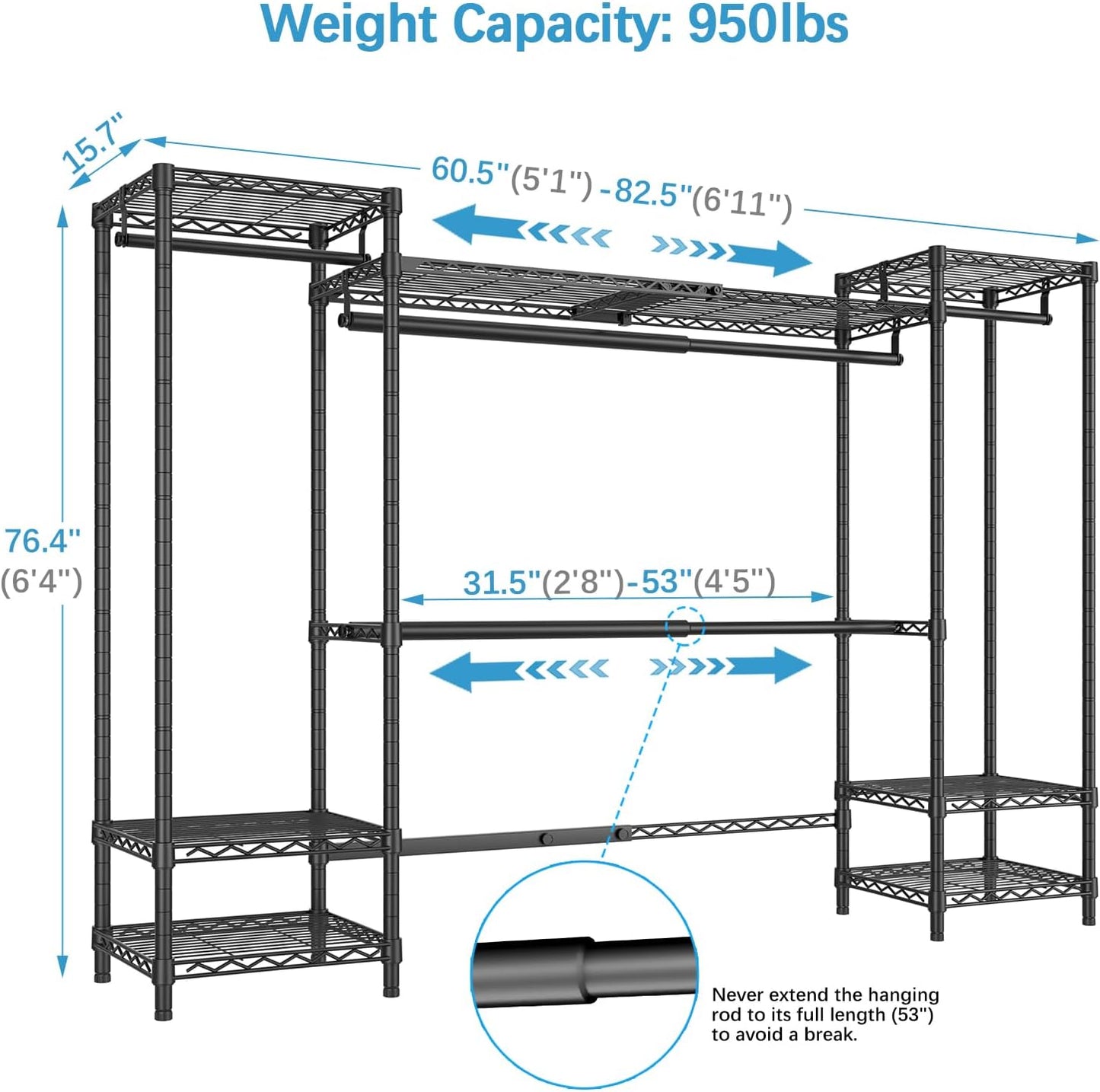VIPEK X30 Expandable Clothes Rack Adjustable from 5'1" to 6'11", 950lbs Capacity Heavy Duty Portable Closet with 4 Hanger Rods & 7 Wire Shelves, Metal Wardrobe System for Reach-in Closet, Black