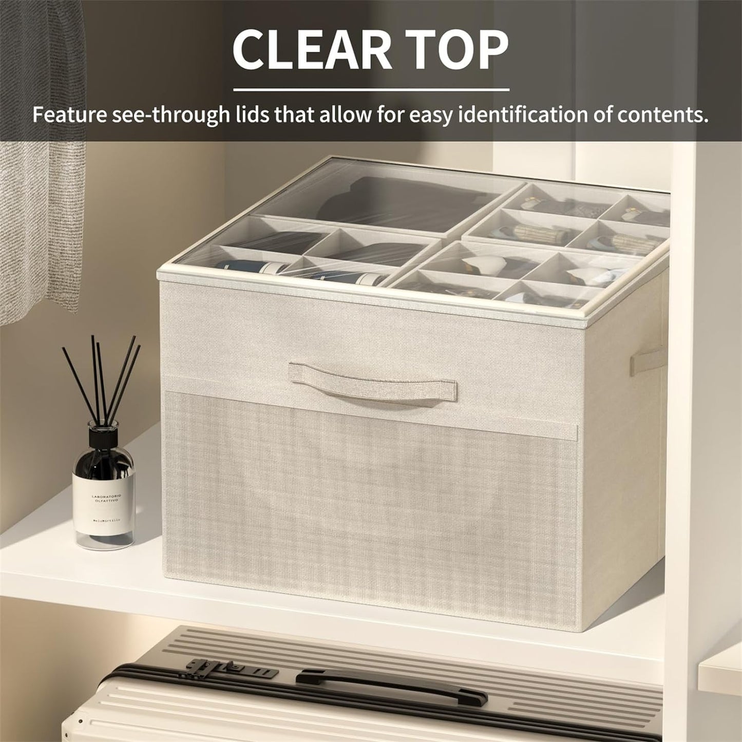 Aokeyee Shoe Organizer for Closet, 2 Pack Foldable Shoe Storage Organizer Box Bin with Adjustable Dividers and Clear Cover, Fits up to 16-32 Pairs (Beige)