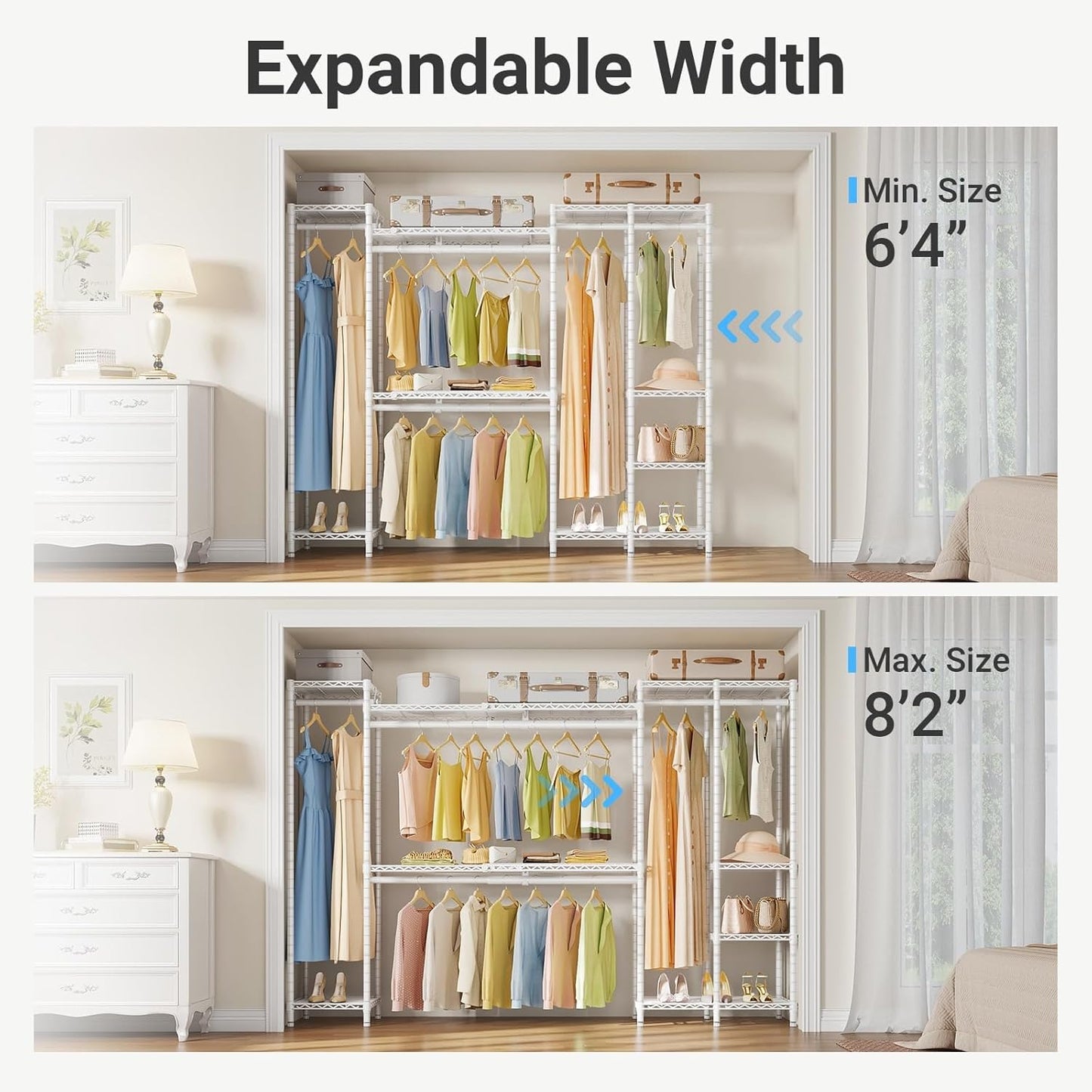 VIPEK X40 Expandable Large Reach-in Closet Rack Adjustable from 6'4" to 8'2'' with Extendable Shelves and Hanger Rods, Walk-in Clothes Rack Mental Freestanding Clothing Racks, Max Load 1240LBS, White