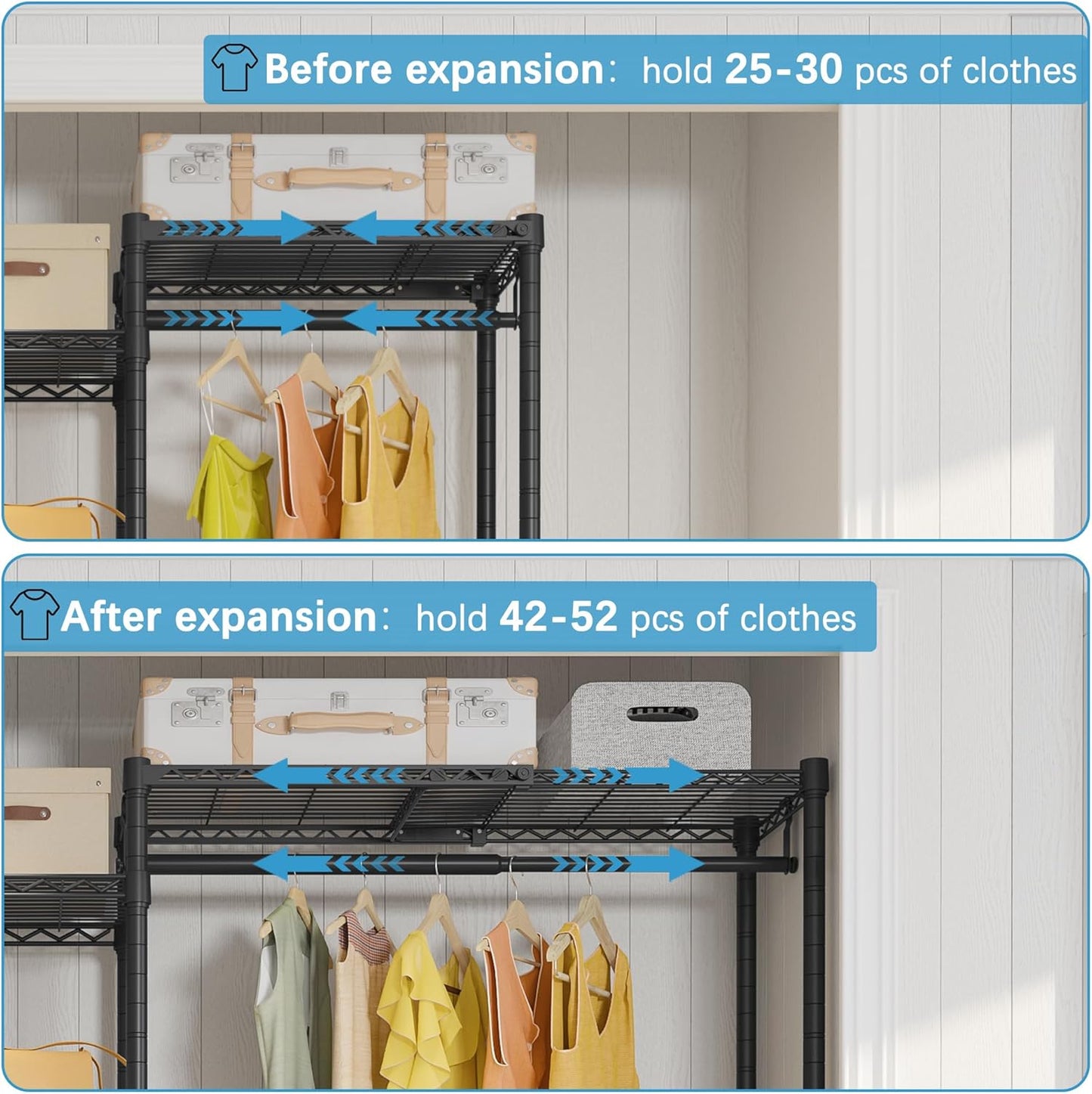 VIPEK X3 Expandable Heavy Duty Clothes Rack Adjustable from 5'2" to 8' with Adjustable Shelves and Hanger Rods, Large Freestanding Clothing Racks Reach-in & Walk-in Closet, Max Load 1210LBS, Black