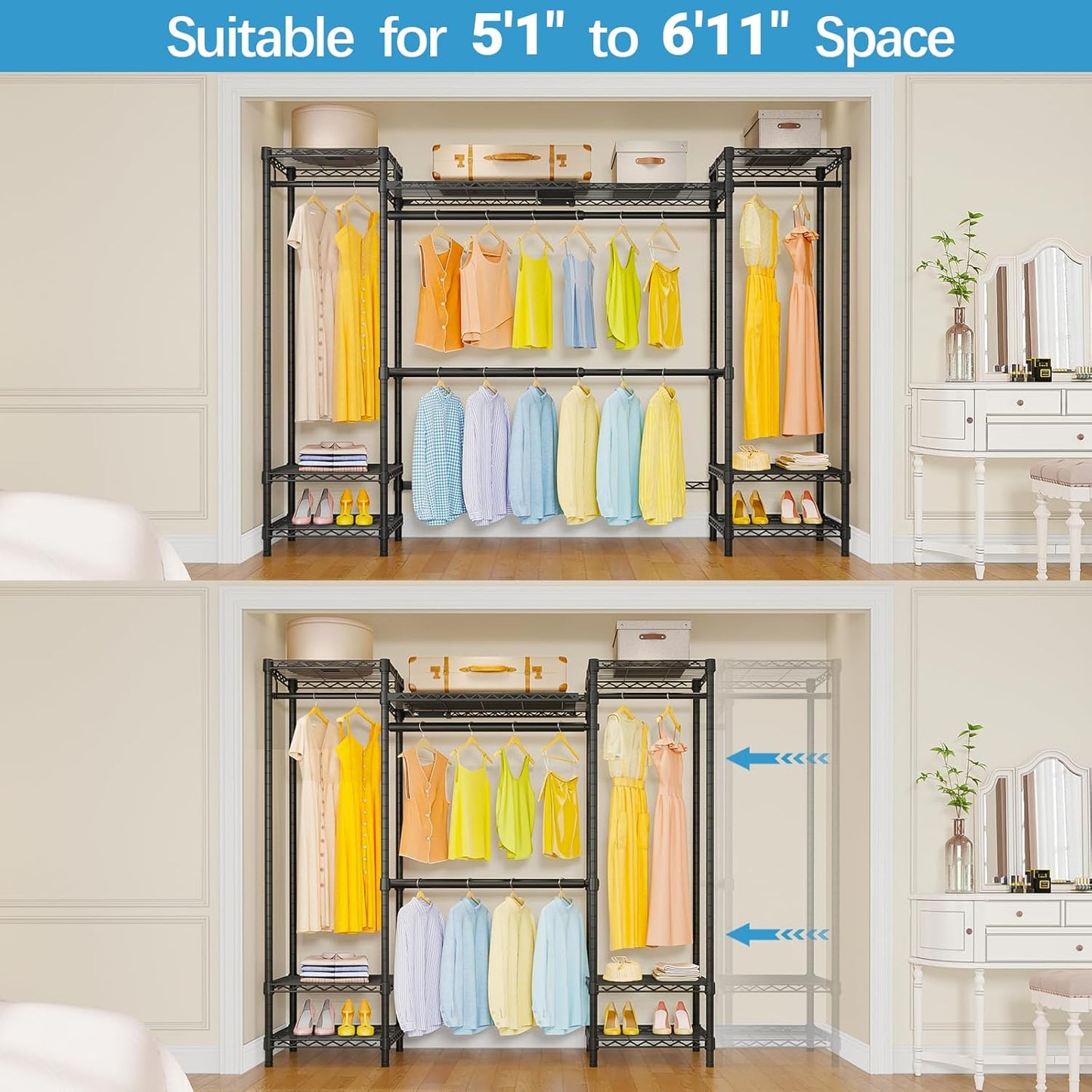VIPEK X30 Expandable Clothes Rack Adjustable from 5'1" to 6'11", 950lbs Capacity Heavy Duty Portable Closet with 4 Hanger Rods & 7 Wire Shelves, Metal Wardrobe System for Reach-in Closet, Black
