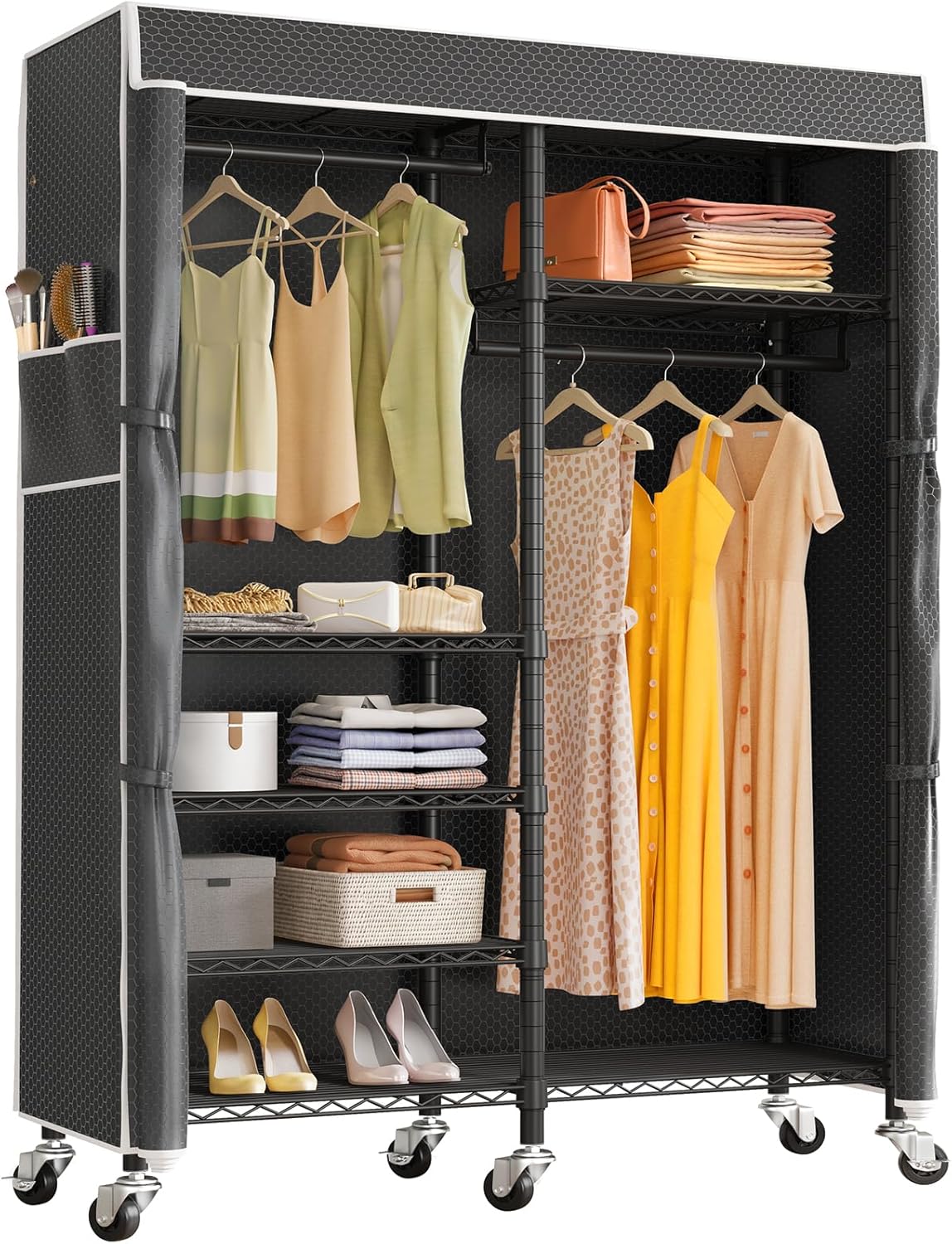 VIPEK R4 Garment Racks Heavy Duty Clothes Rack -620lb Capacity Metal Frame, Rolling Lockable Wheels & 6 Tiers Adjustable Height Shelves & Hanger Rods, Sturdy Wardrobe Closet for Home Storage, Black