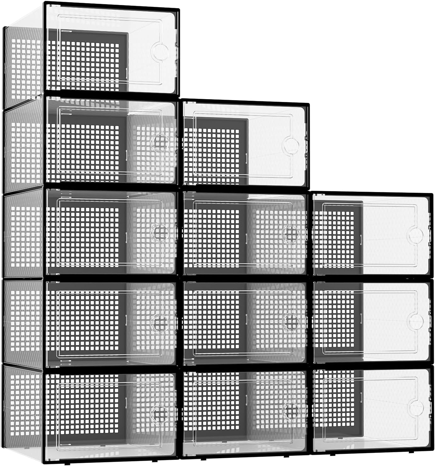 Kuject X-Large Shoe Storage Boxes Organizers Clear Plastic Stackable 12 Pack, Shoe Rack & Holder Substitute, Sneaker Containers, Toy Storage Organizer Bins for Entryway, Closet, Under Bed, Black