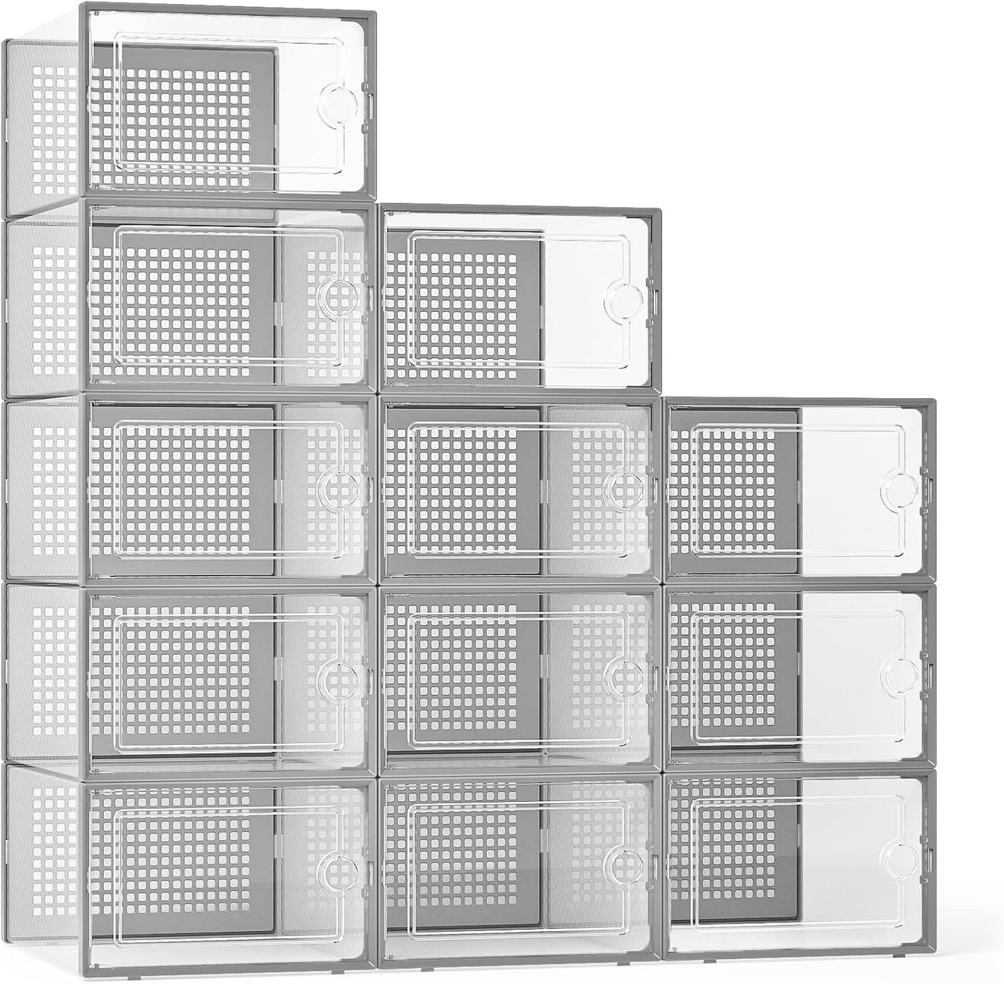 Kuject X-Large Shoe Storage Boxes Organizers Clear Plastic Stackable 12 Pack, Shoe Rack & Holder Substitute, Sneaker Containers, Toy Storage Organizer Bins for Entryway, Closet, Under Bed, Black